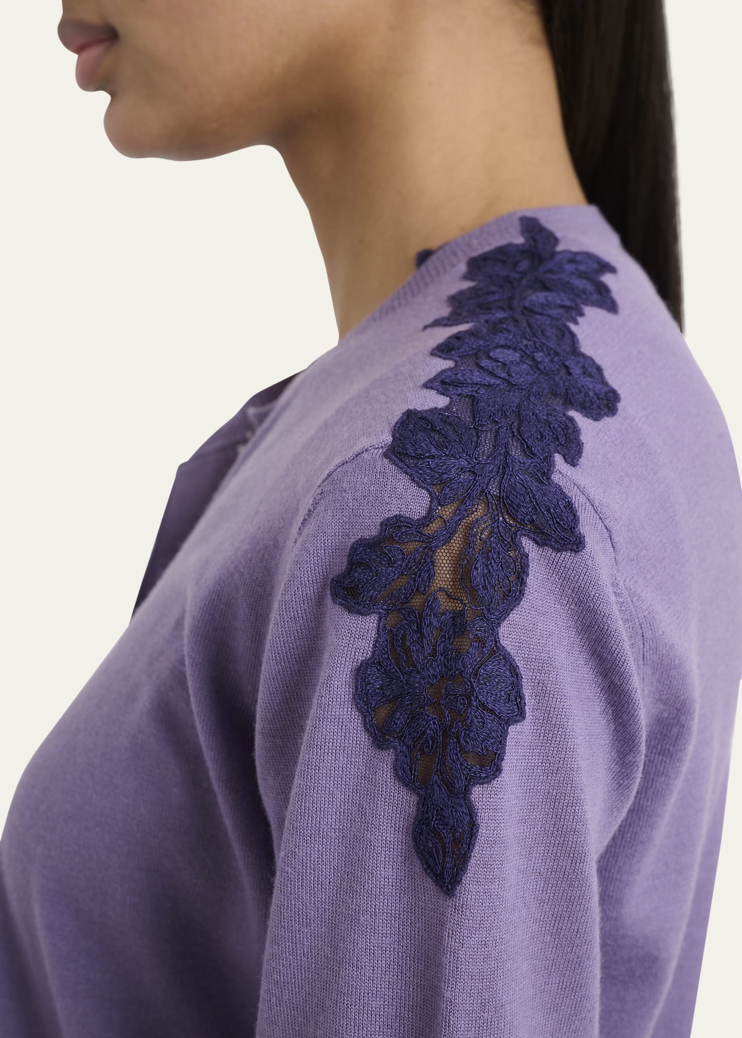 Guipure Lace-Trim Crewneck Knit Cardigan - 5
