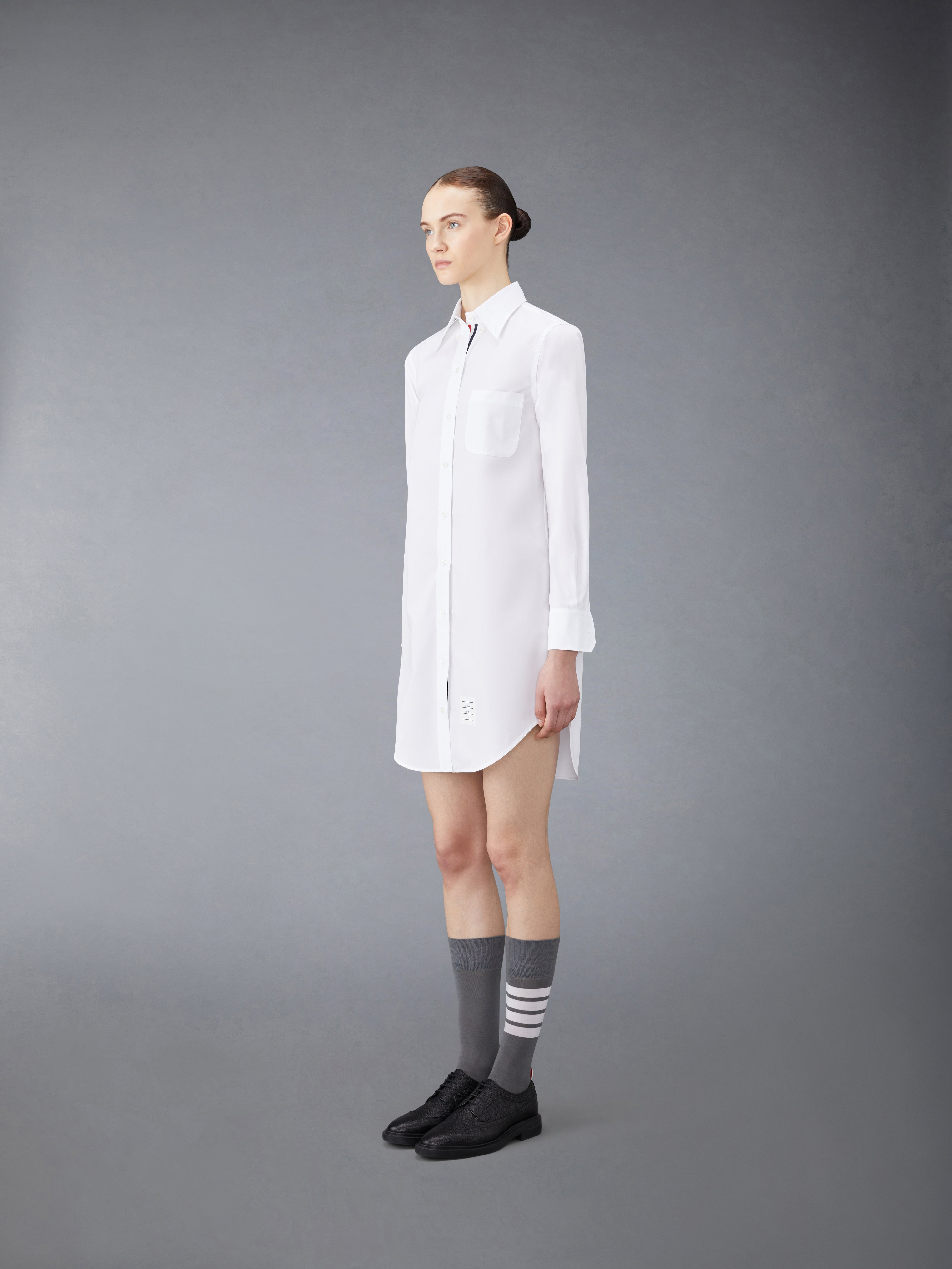 White Solid Poplin Stripe Grosgrain Placket Thigh Length Point Collar Shirtdress - 2