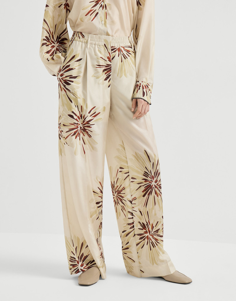 Silk bloom print pongee sartorial track trousers with monili 2