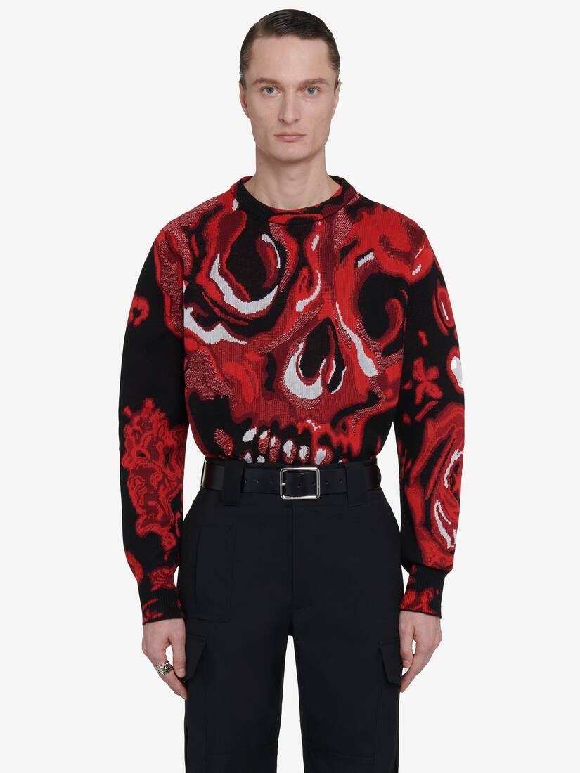Men's Wax Flower Skull Jumper in Black/lust Red - 1