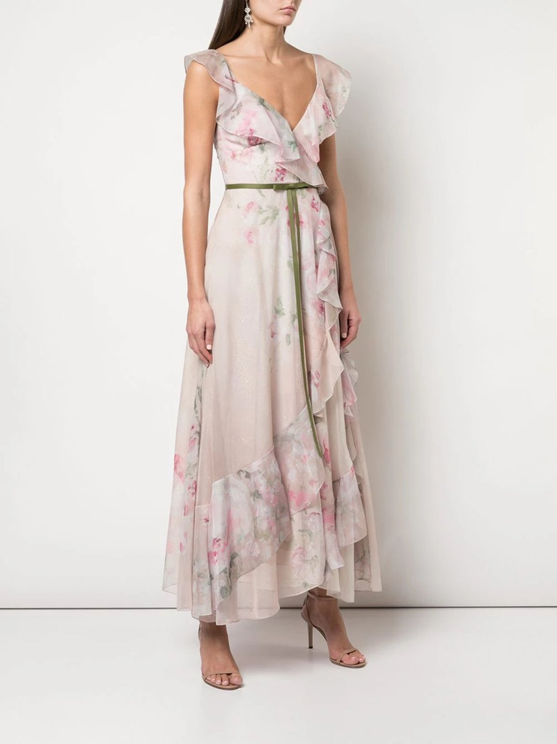 Marchesa PRINT CHIFFON LACE RUFFLE TEA LENGTH MIDI GOWN outlook