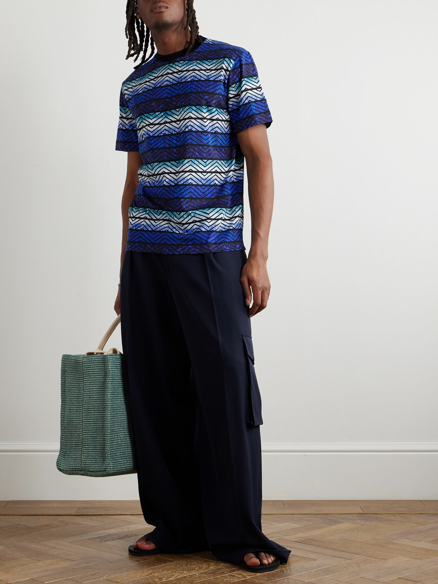 Printed Striped Cotton-Jersey T-Shirt Blue - 2