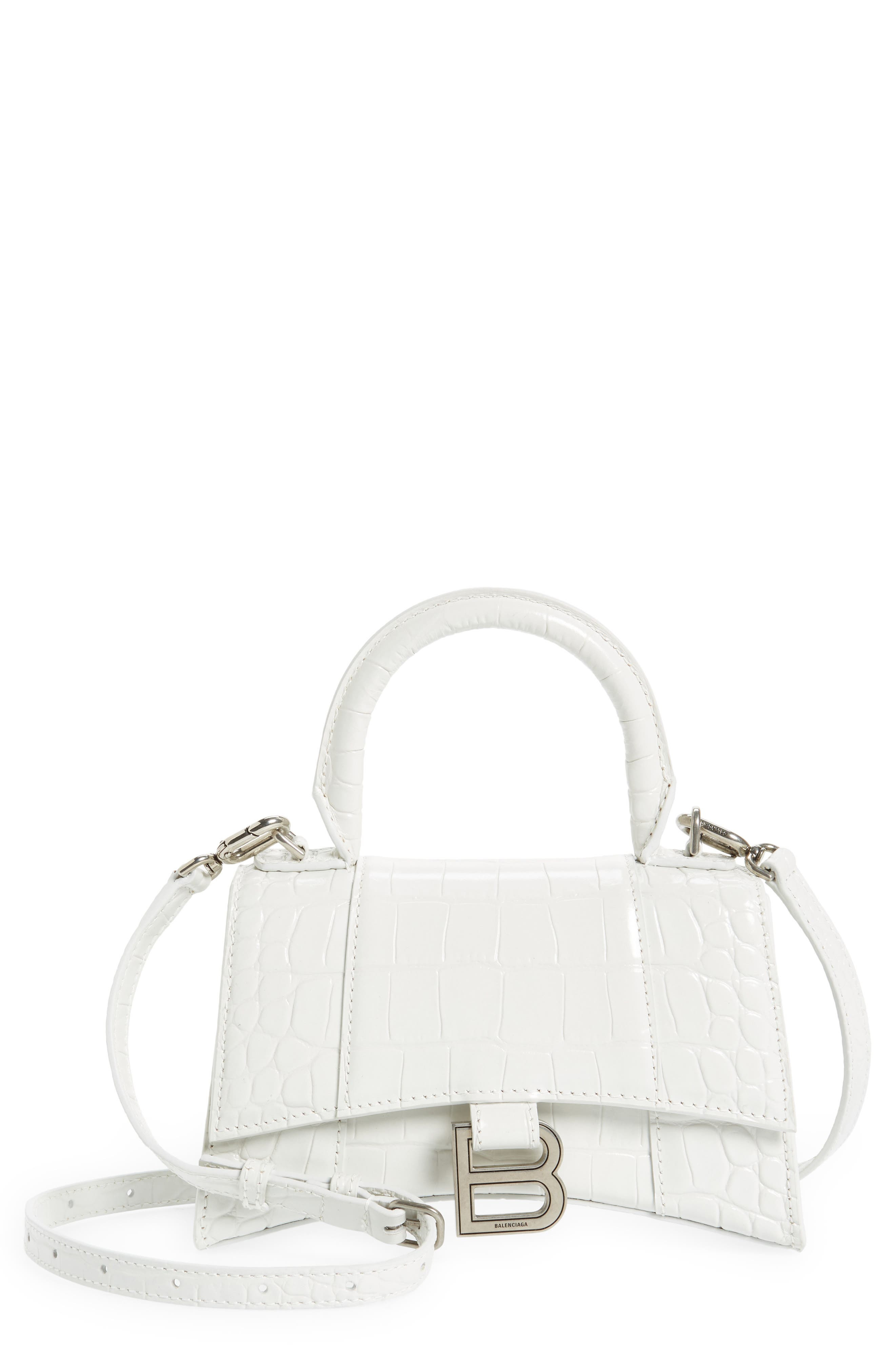 Balenciaga Extra Small Hourglass Croc Embossed Leather Top Handle Bag in White at Nordstrom - 1