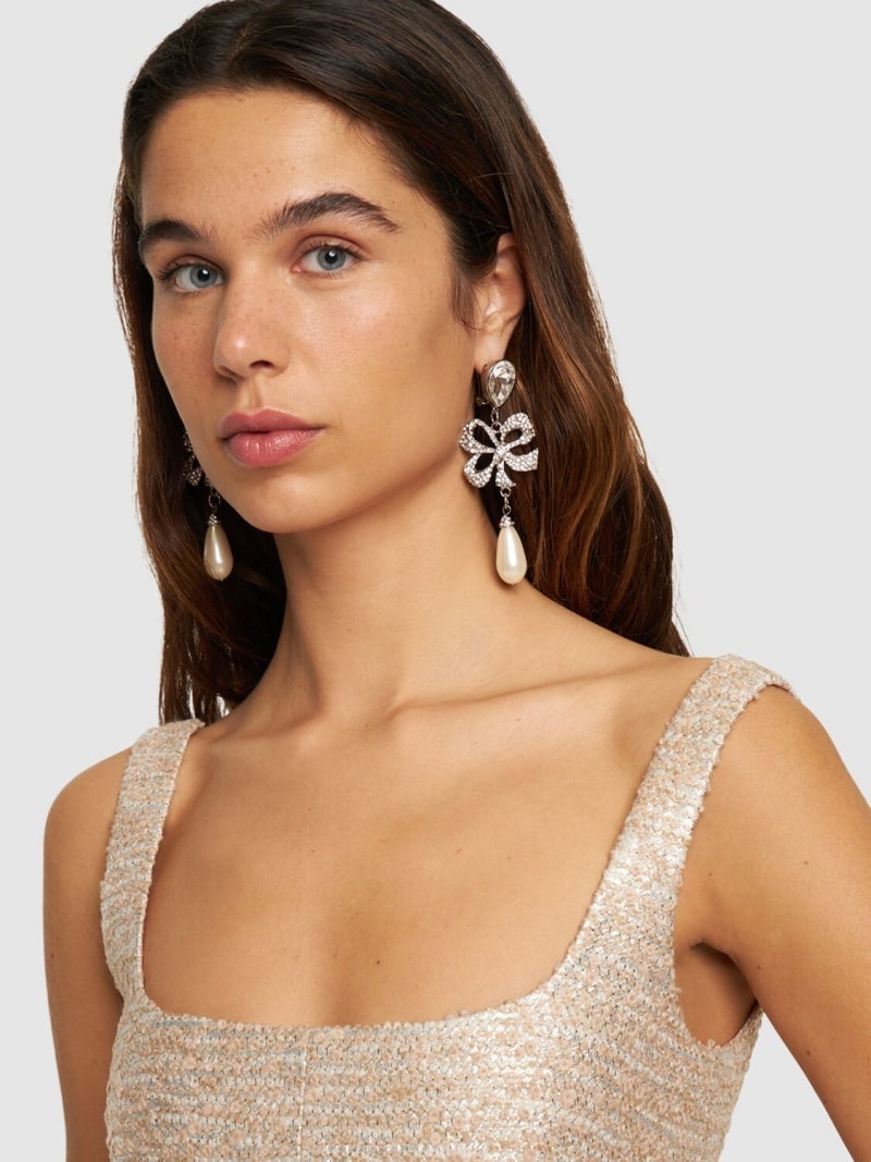 Crystal bow & faux pearl earrings - 2