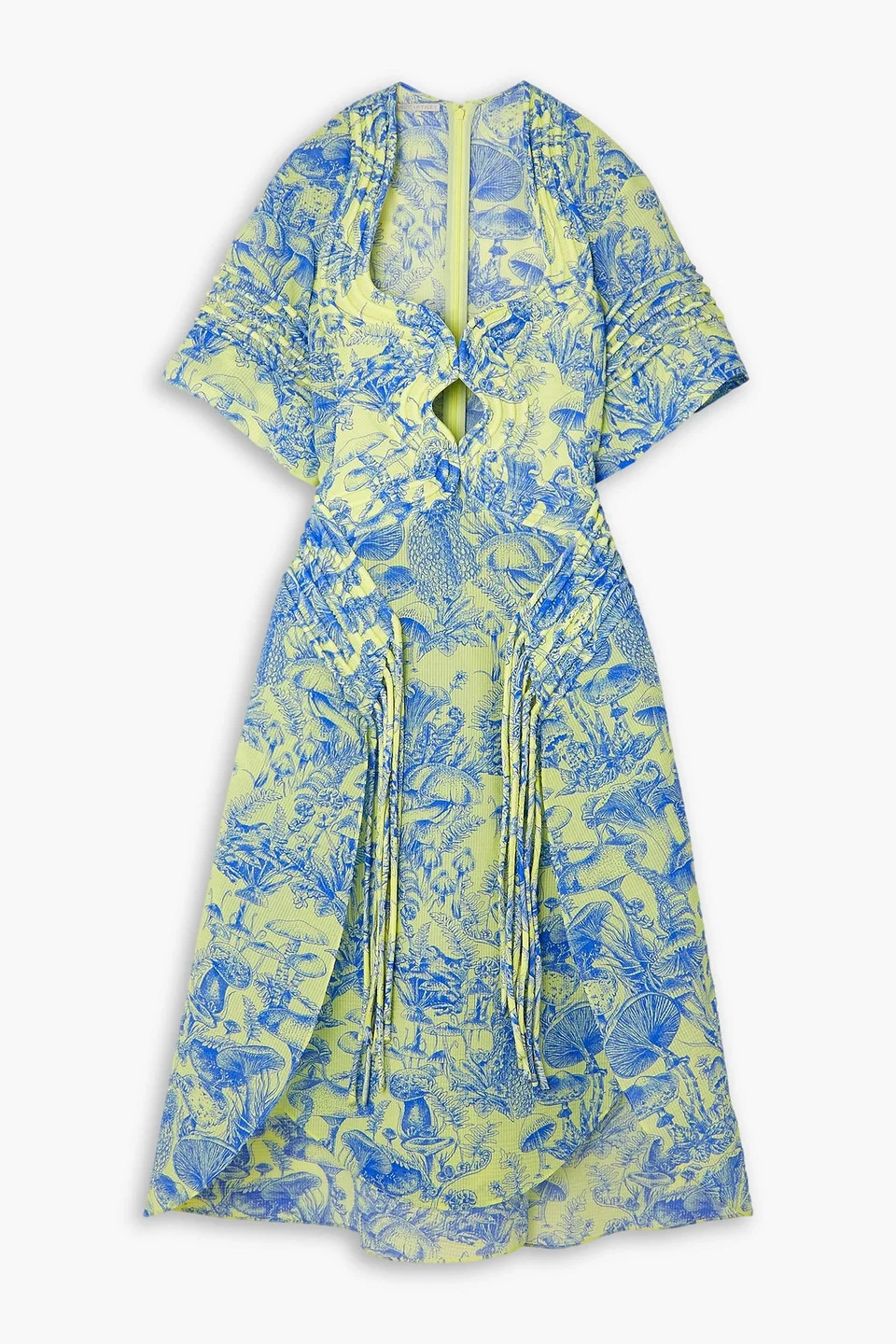 Fringed cutout printed silk and cotton-blend midi dress - 1