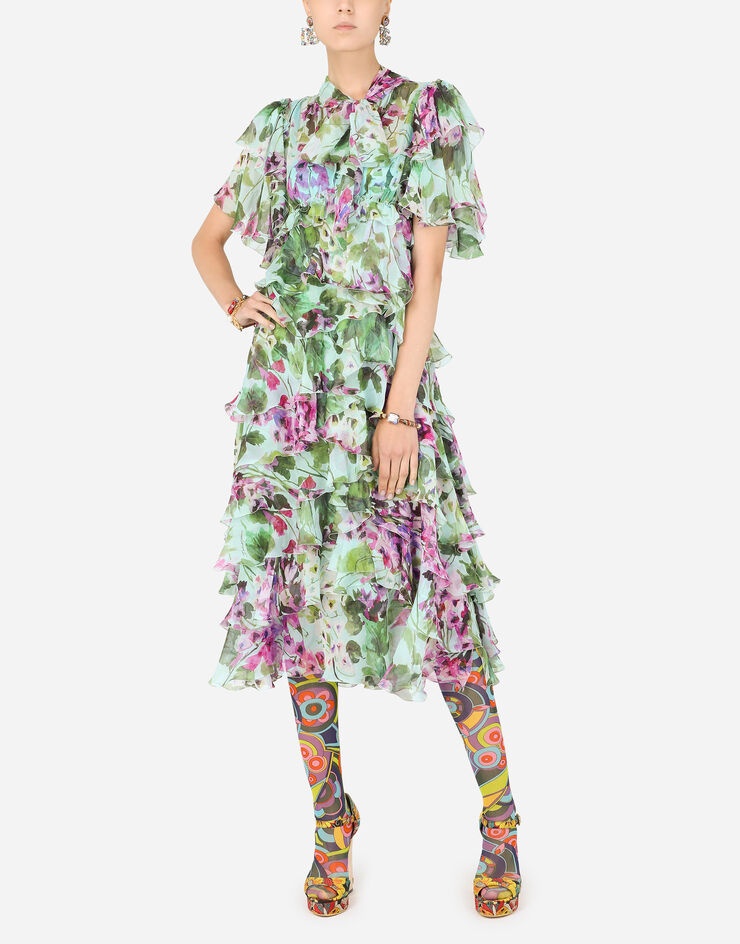 Bluebell-print chiffon calf-length dress with ruffles - 5