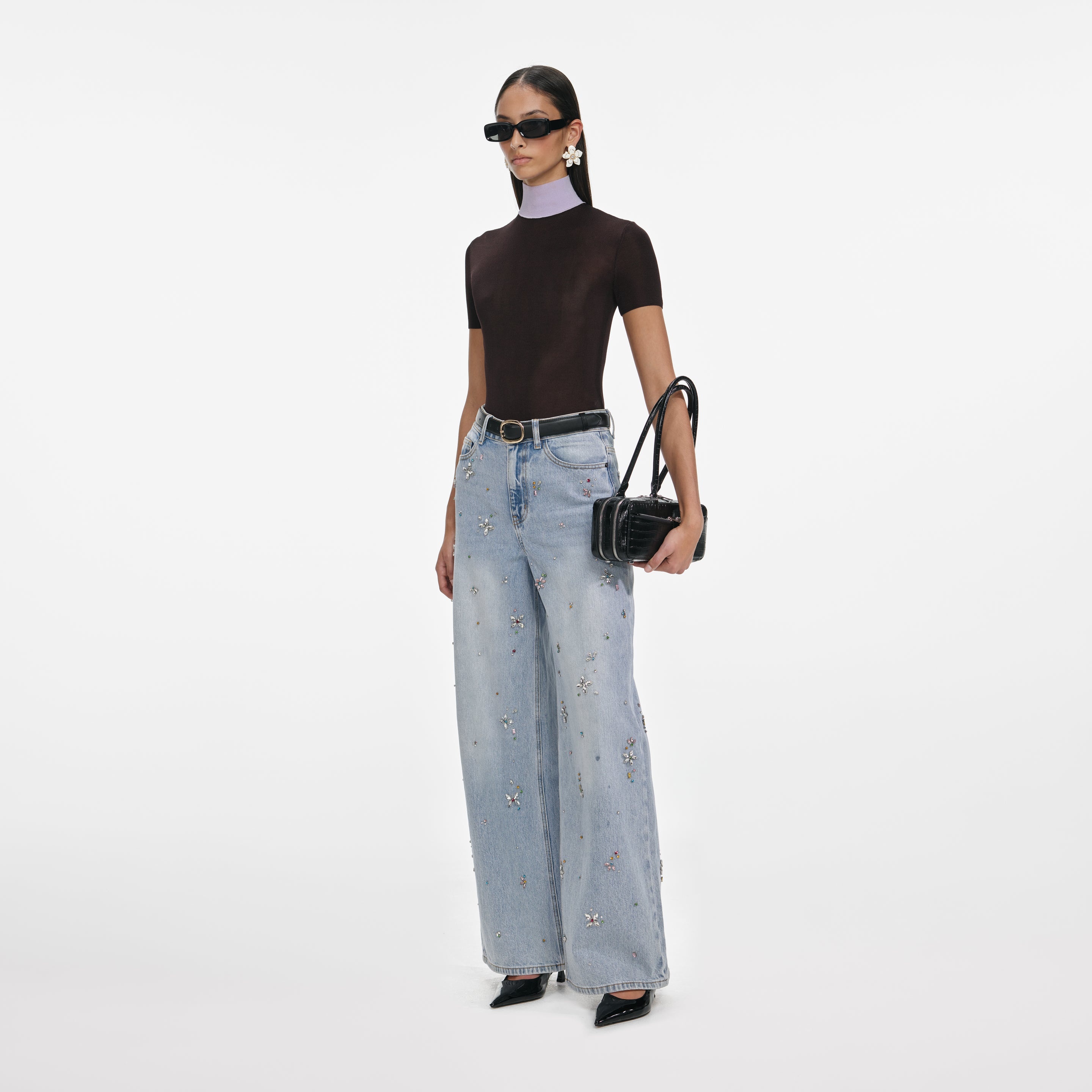 Light Blue Embellished Wide Leg Jeans - 2