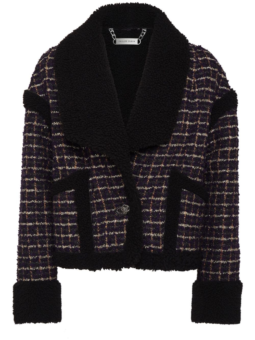 tartan-check shearling tweed jacket - 1