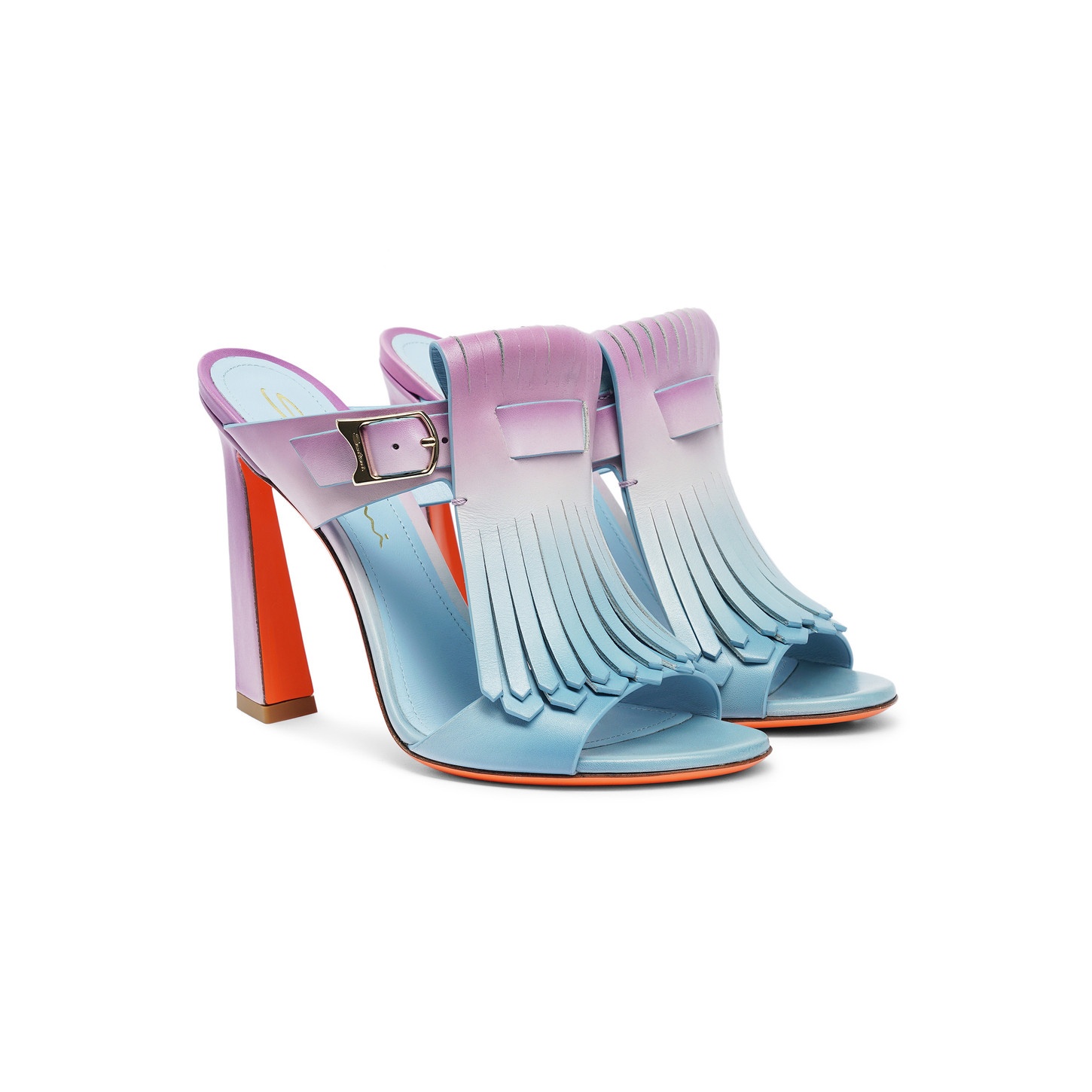 Women's purple and light blue leather high-heel Dua slide sandal with fringe - 3