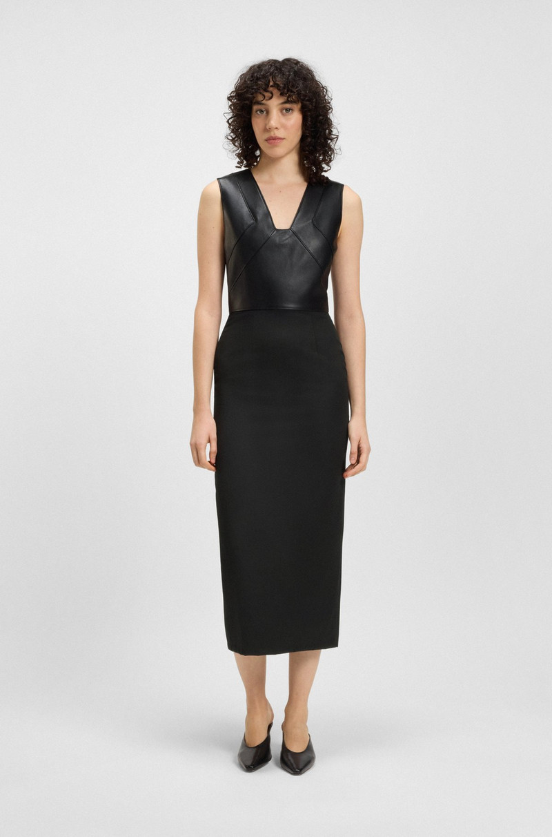 BOSS VIRGIN-WOOL DRESS WITH LEATHER BODICE outlook