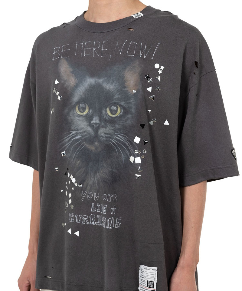 Cat Printed Embellished Distressed T-shirt 14