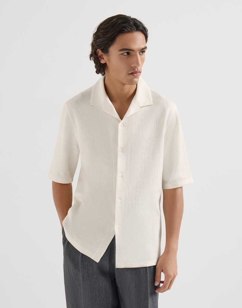 Linen and cotton chevron jersey short sleeve shirt with camp collar 4