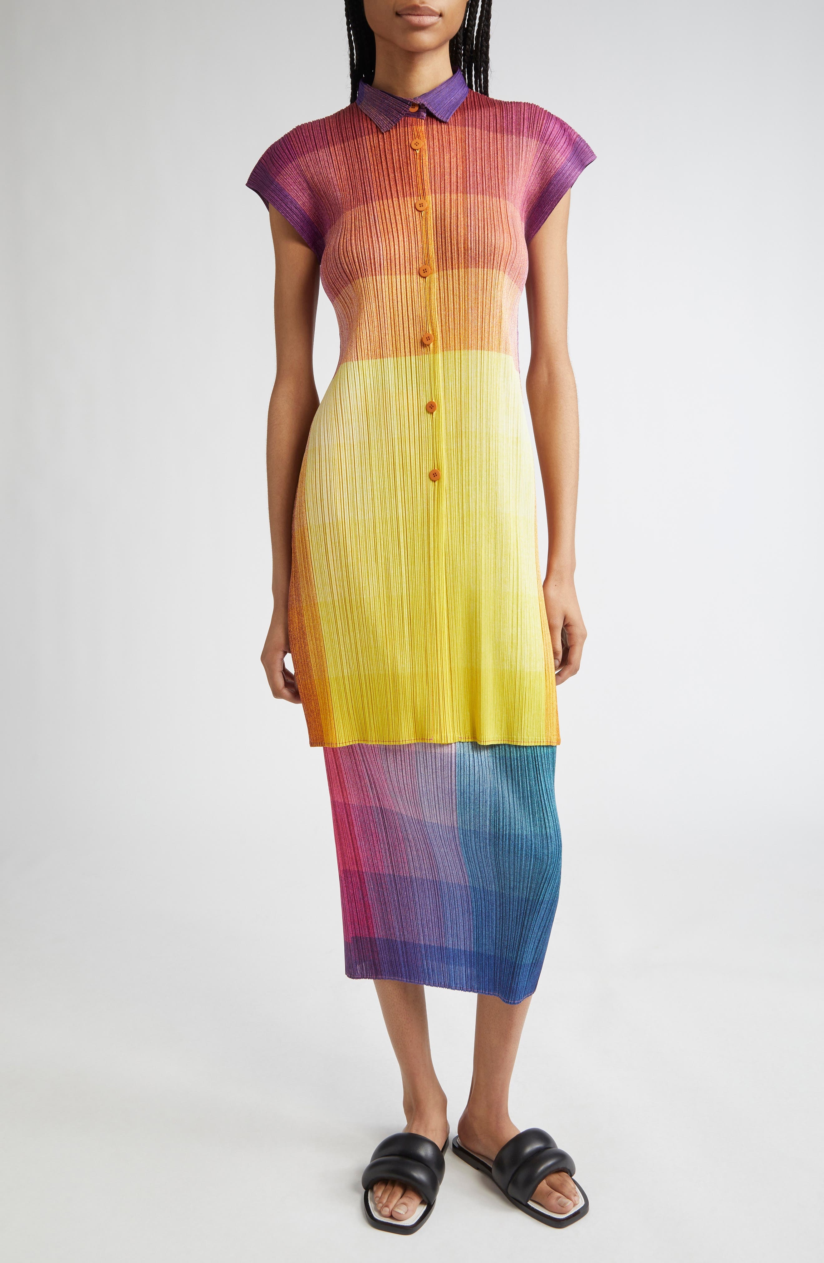 Pleats Please Issey Miyake Photon Print Pleated Shirtdress in Yellow at Nordstrom - 2