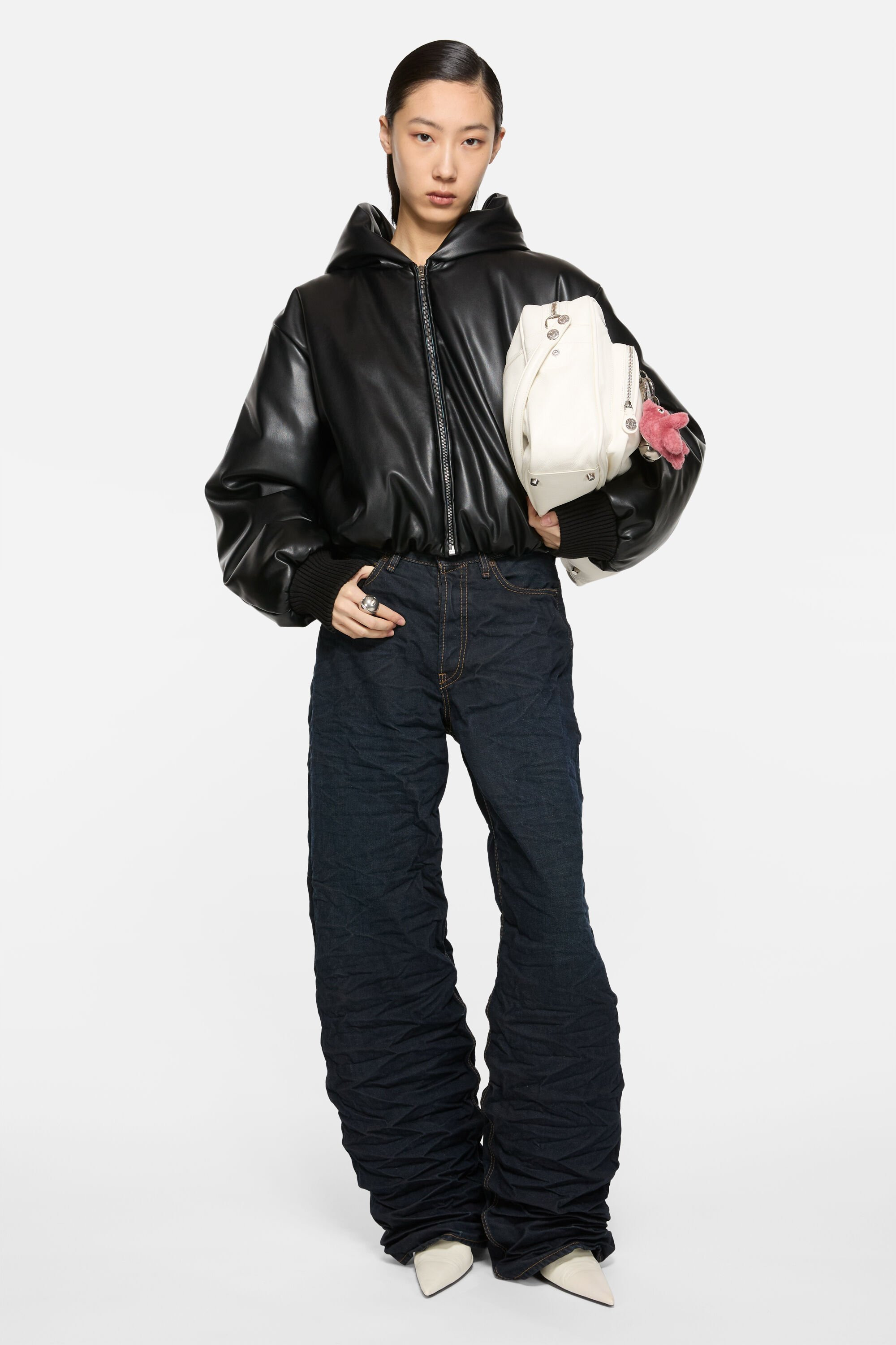 Hooded faux leather jacket - Black - 2