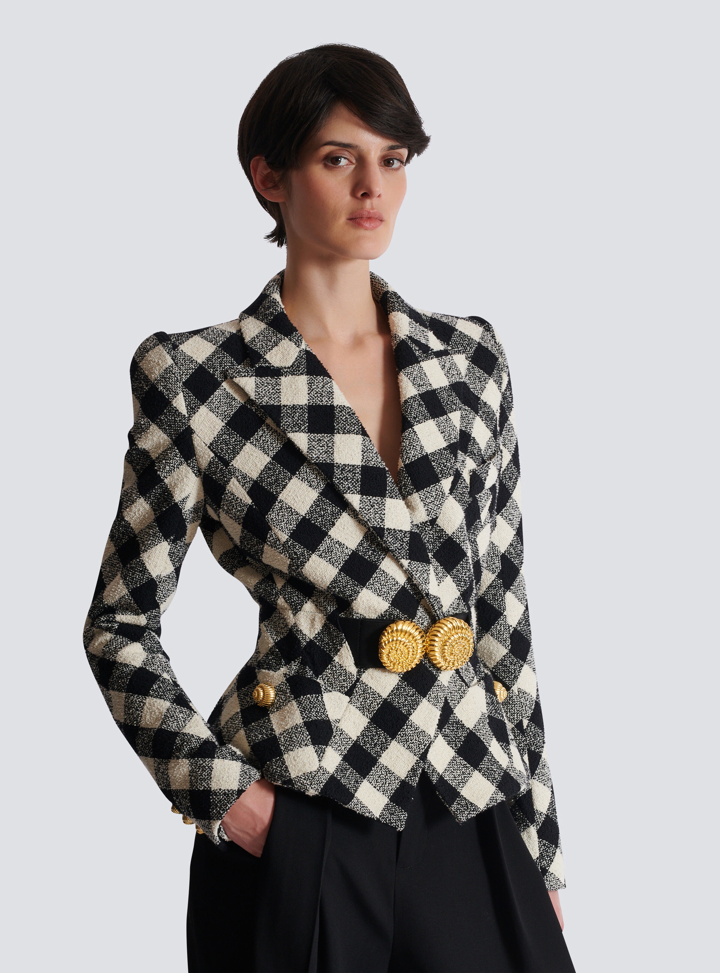 Belted gingham tweed jacket with two Snail buttons - 7