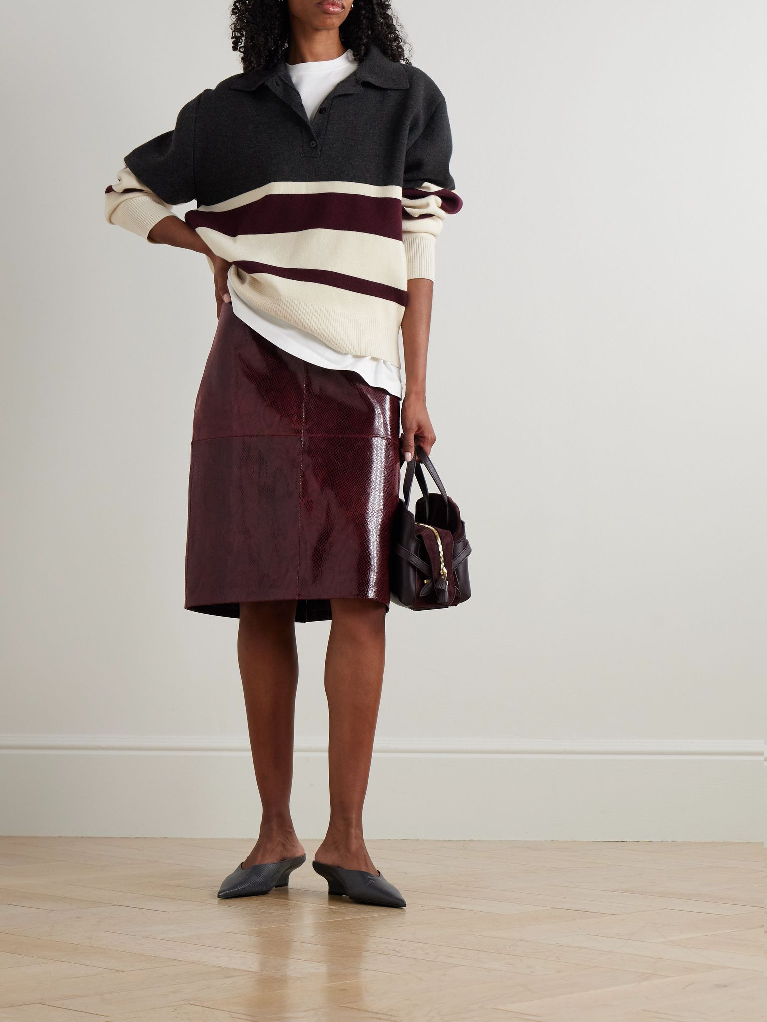 Paneled snake-effect patent-leather midi skirt Burgundy - 2