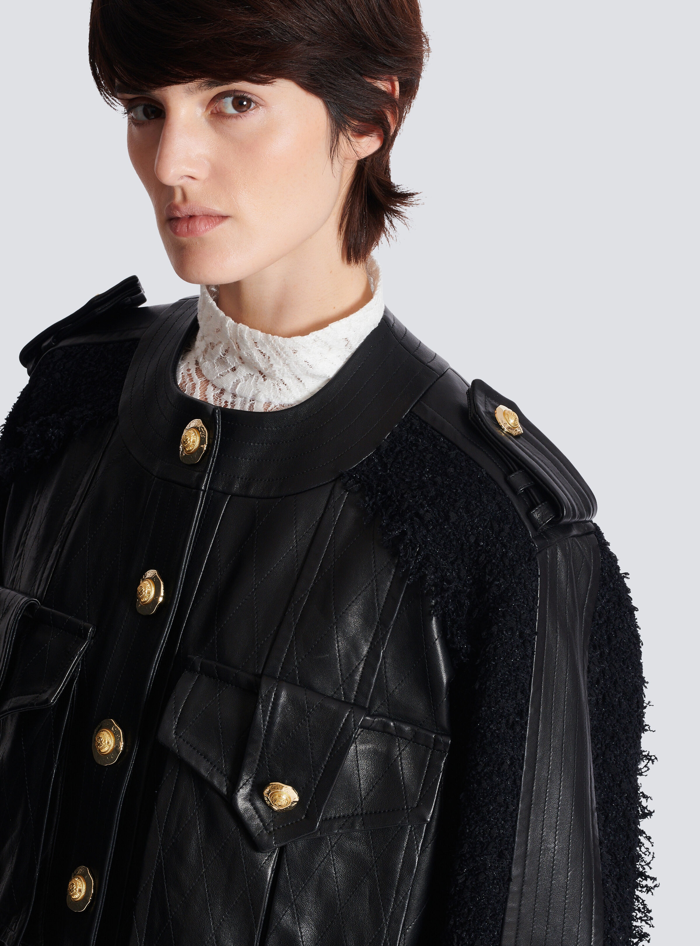 Tweed and leather bomber jacket - 7