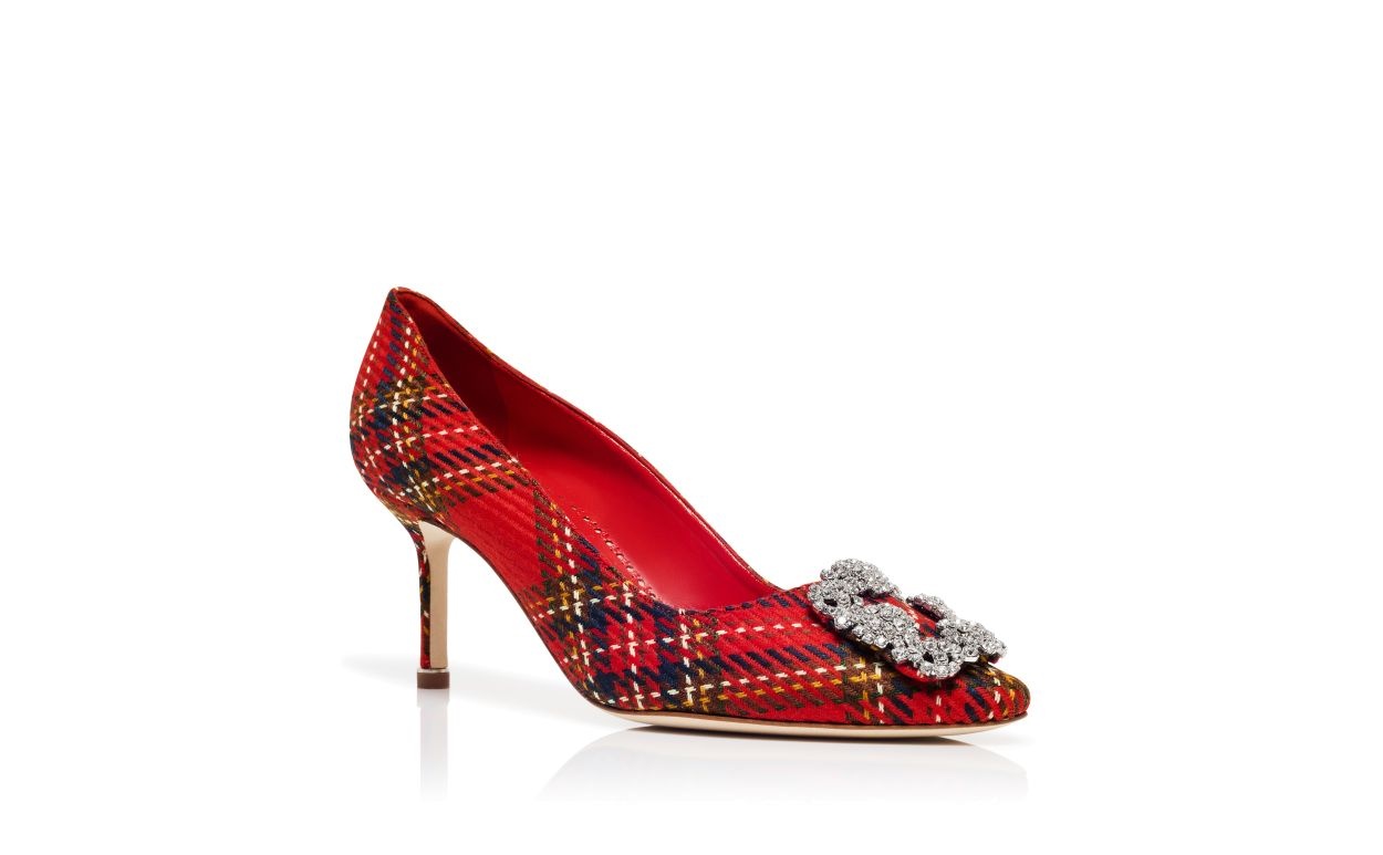 Red Wool Tartan Jewel Buckle Pumps - 3