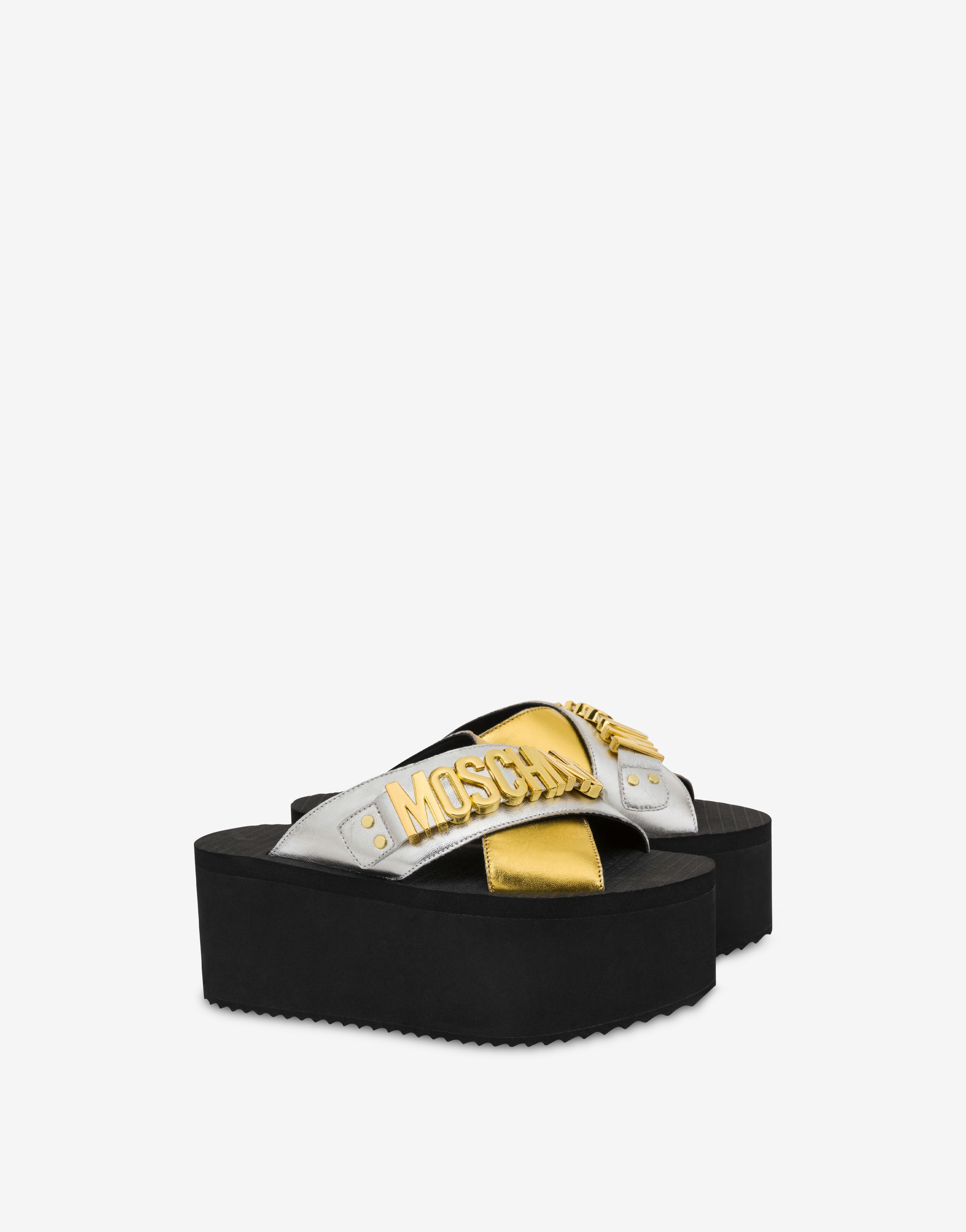 LETTERING LOGO LAMINATED WEDGE SANDALS - 1