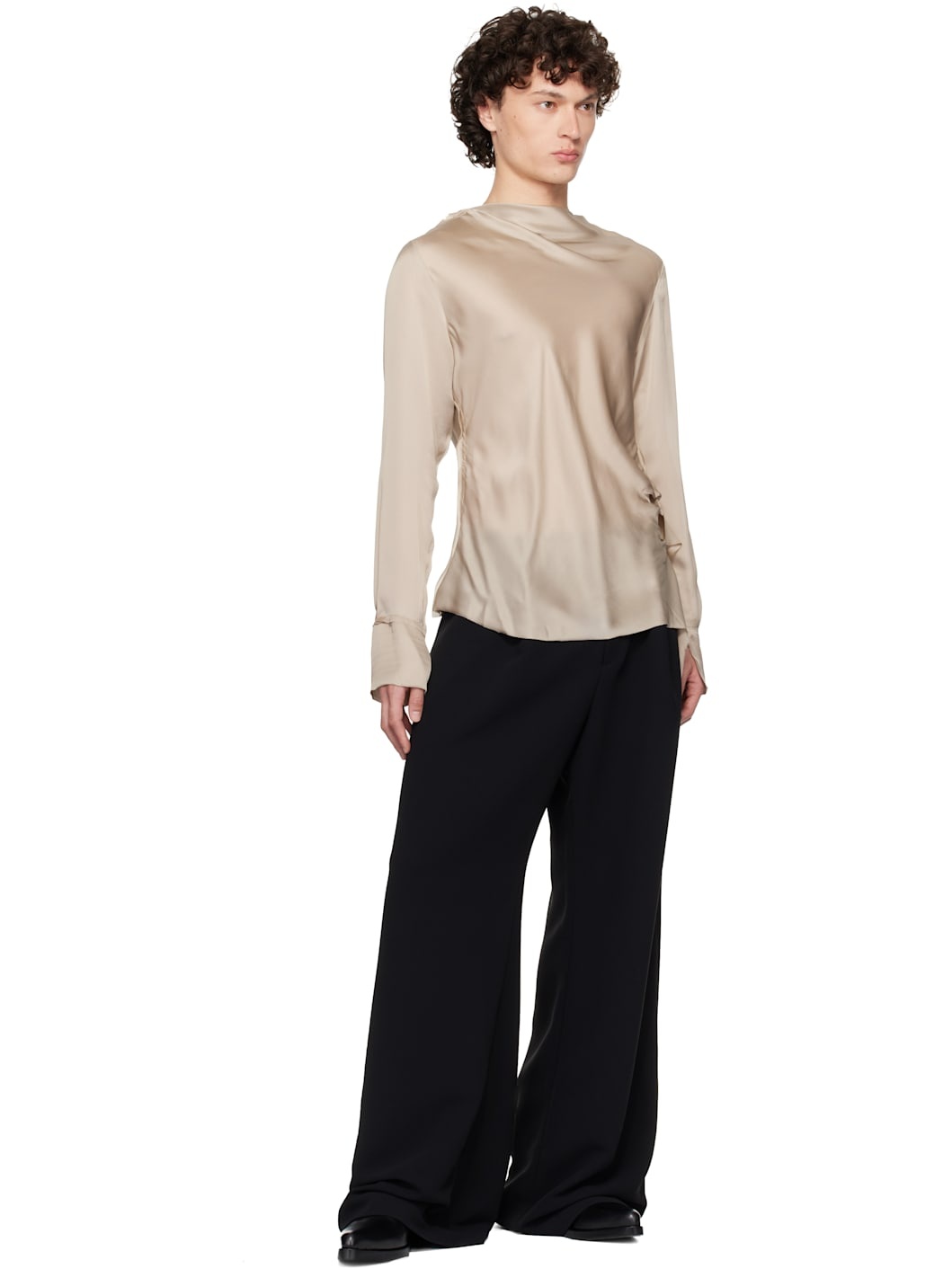 Taupe Draped Neck Long Sleeve Silk Blouse - 4