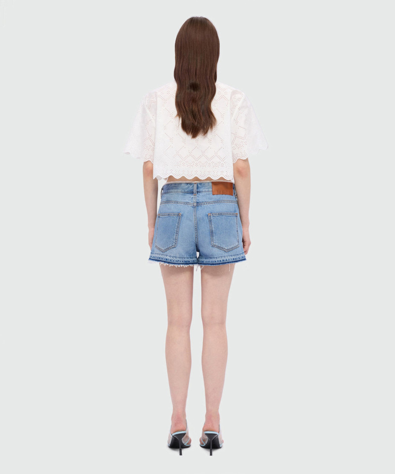 Light blue stone-washed denim shorts with lace detail at the waist 3