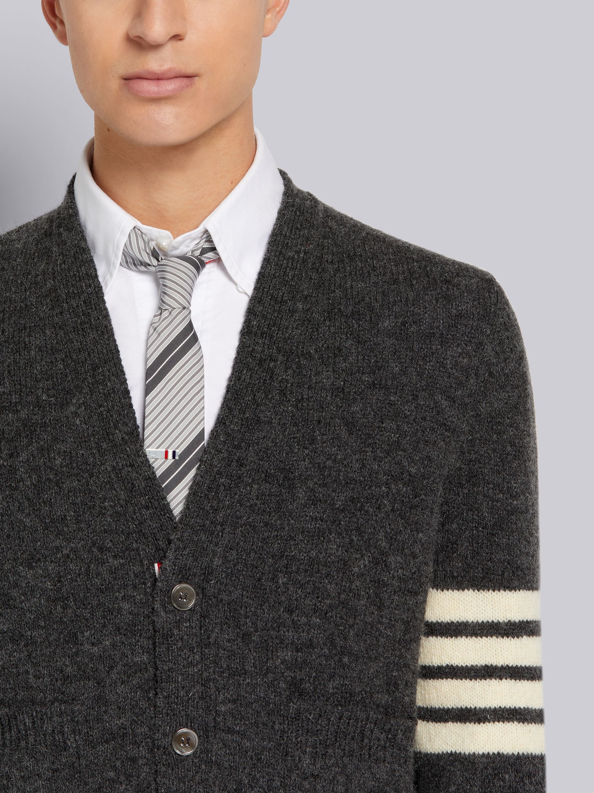 Dark Grey Shetland Wool Jersey Stitch 4-Bar Classic V-Neck Cardigan - 5