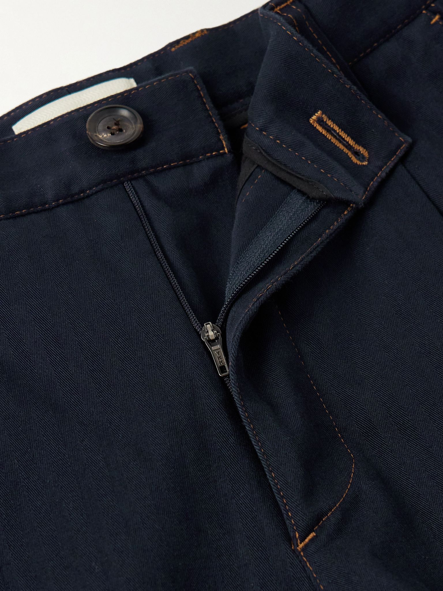 Orsman Straight-Leg Pleated Herringbone Cotton-Blend Trousers Navy - 6