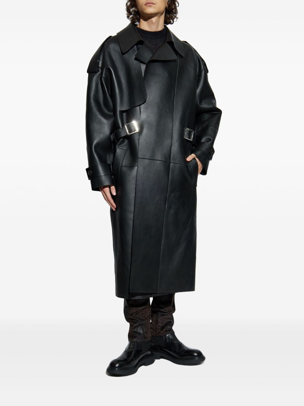 belted trench leather coat - 3