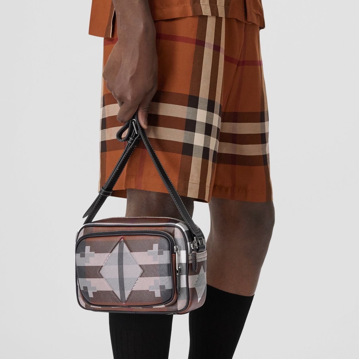 Geometric Check and Leather Crossbody Bag - 9