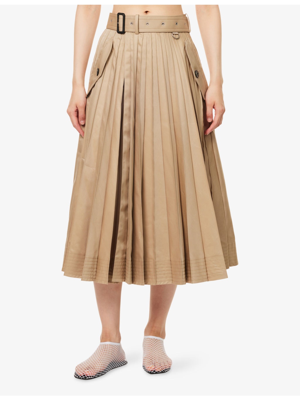 Belted Pleated Cotton-Blend Midi Skirt - 3