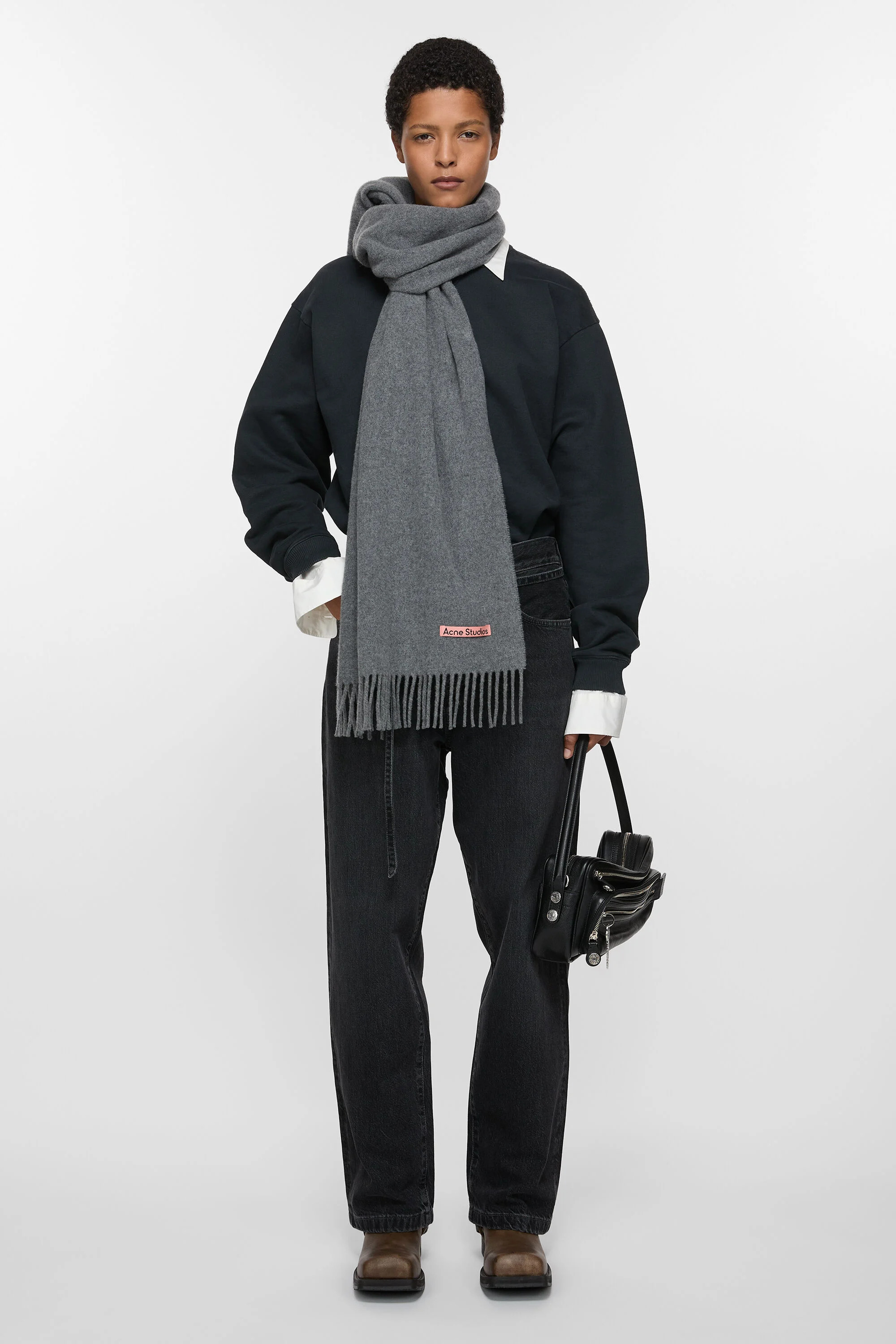 Fringe wool scarf – Narrow - Grey Melange - 2
