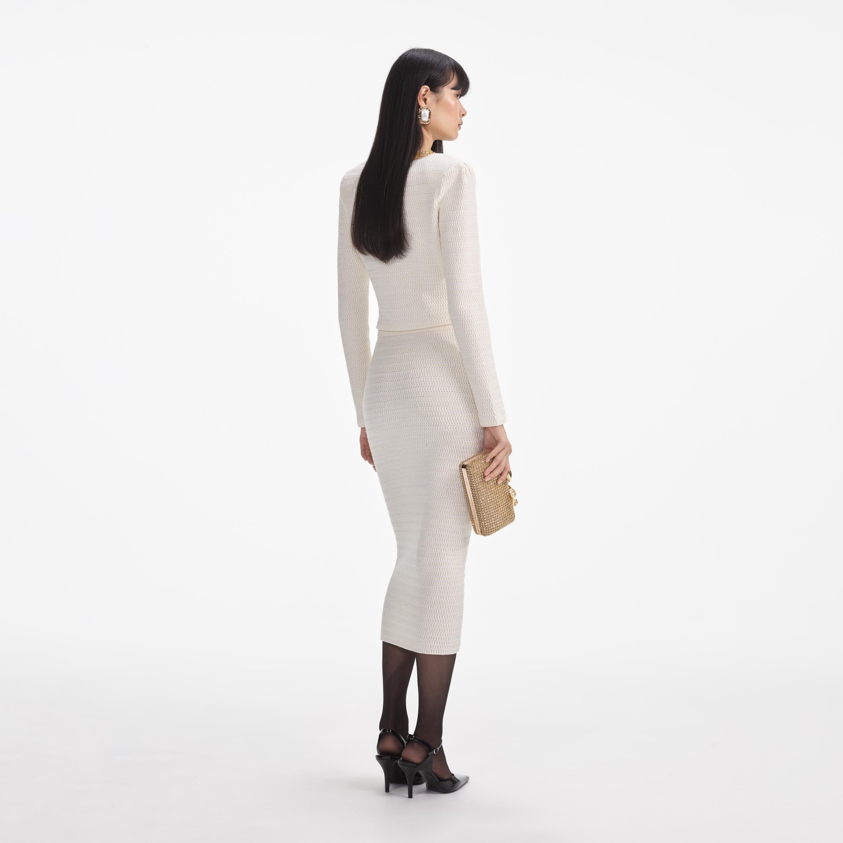 Cream Lurex Knit Midi Skirt - 3