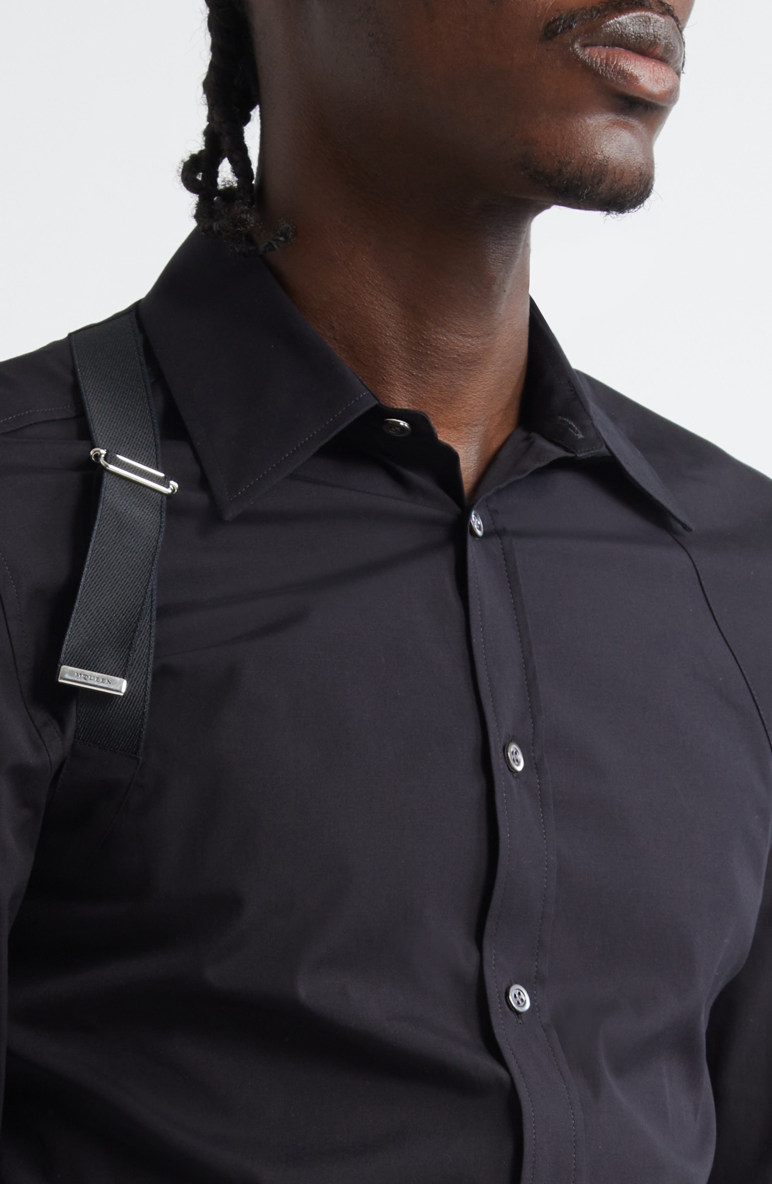 McQueen Logo Tape Harness Stretch Cotton Button-Up Shirt in Black at Nordstrom - 5
