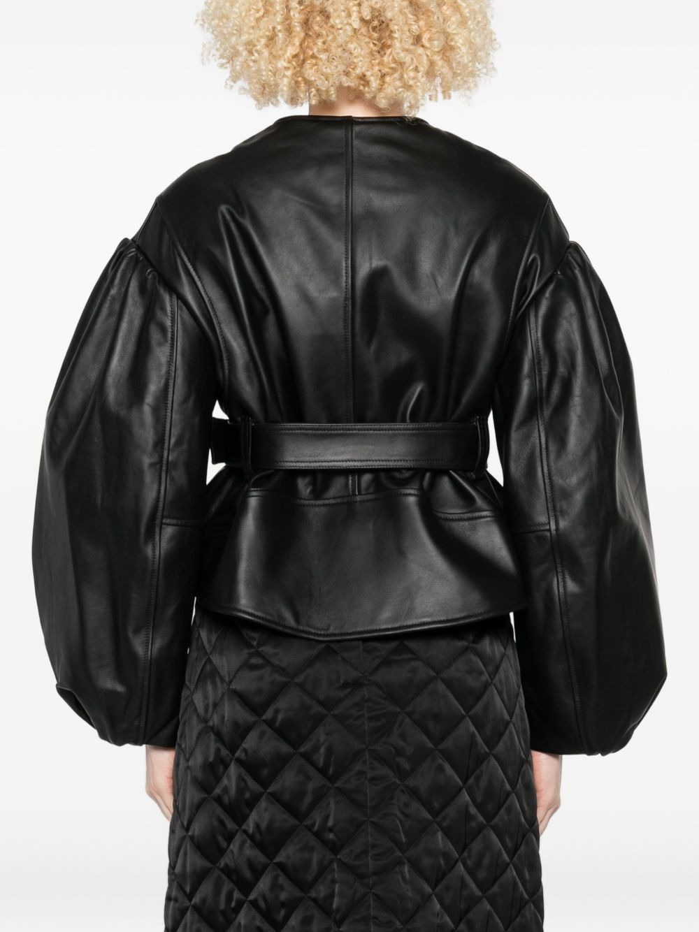 belted puff-sleeve leather jacket - 4