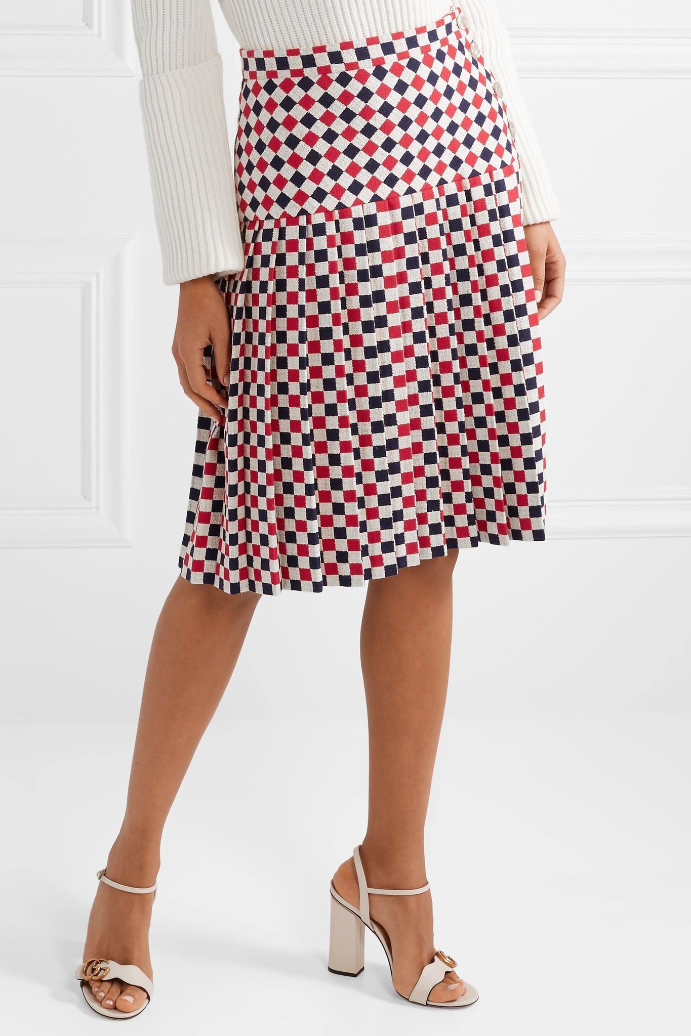 Pleated checked wool-blend crepe midi skirt - 3