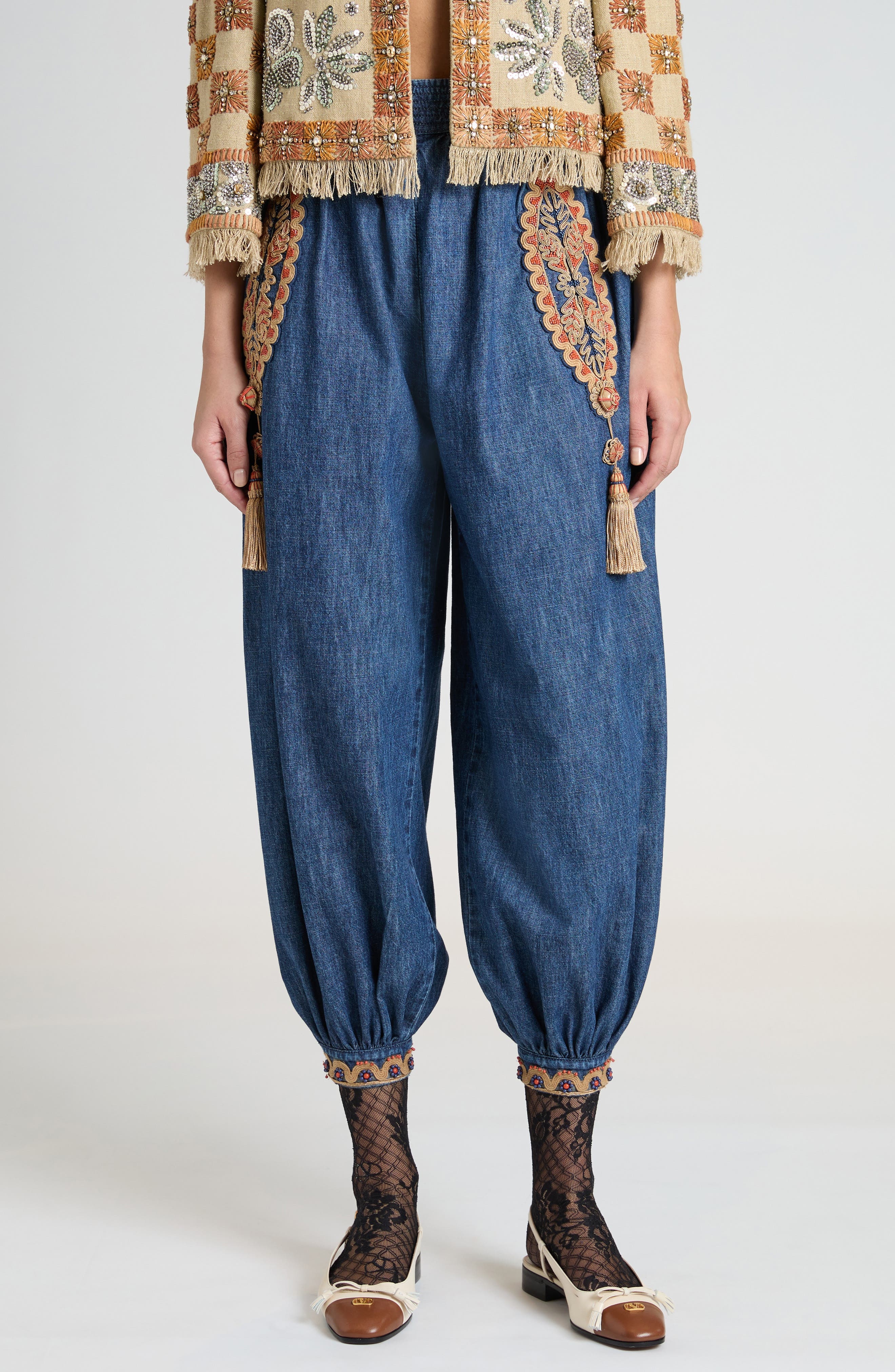 Valentino Garavani Embellished Crop Chambray Balloon Pants in Medium Blue Denim at Nordstrom - 1