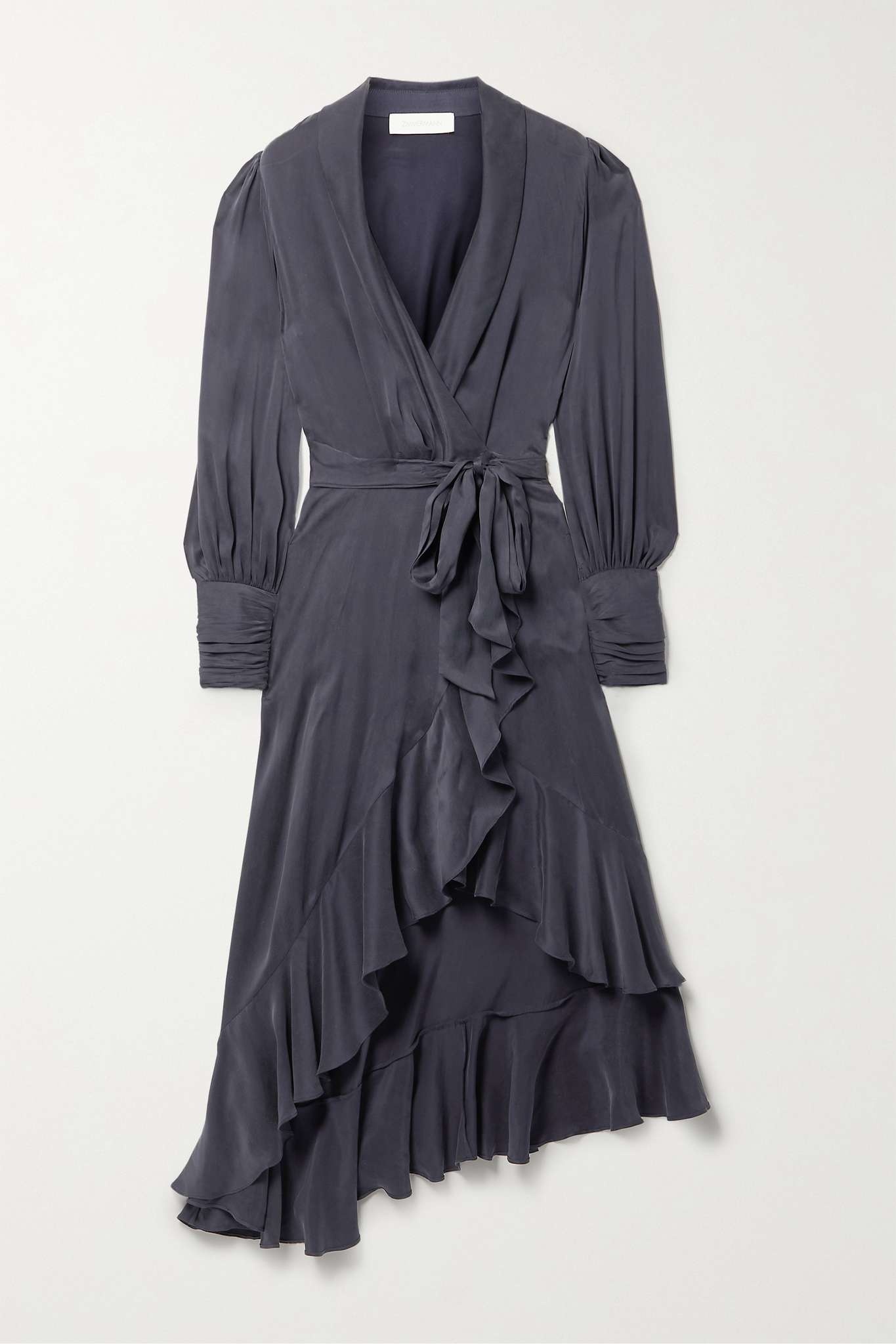 Asymmetric ruffled silk-satin wrap dress - 1