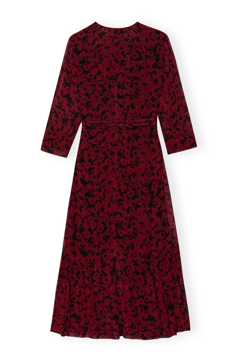RED PRINTED LIGHT GEORGETTE WRAP MIDI DRESS 6