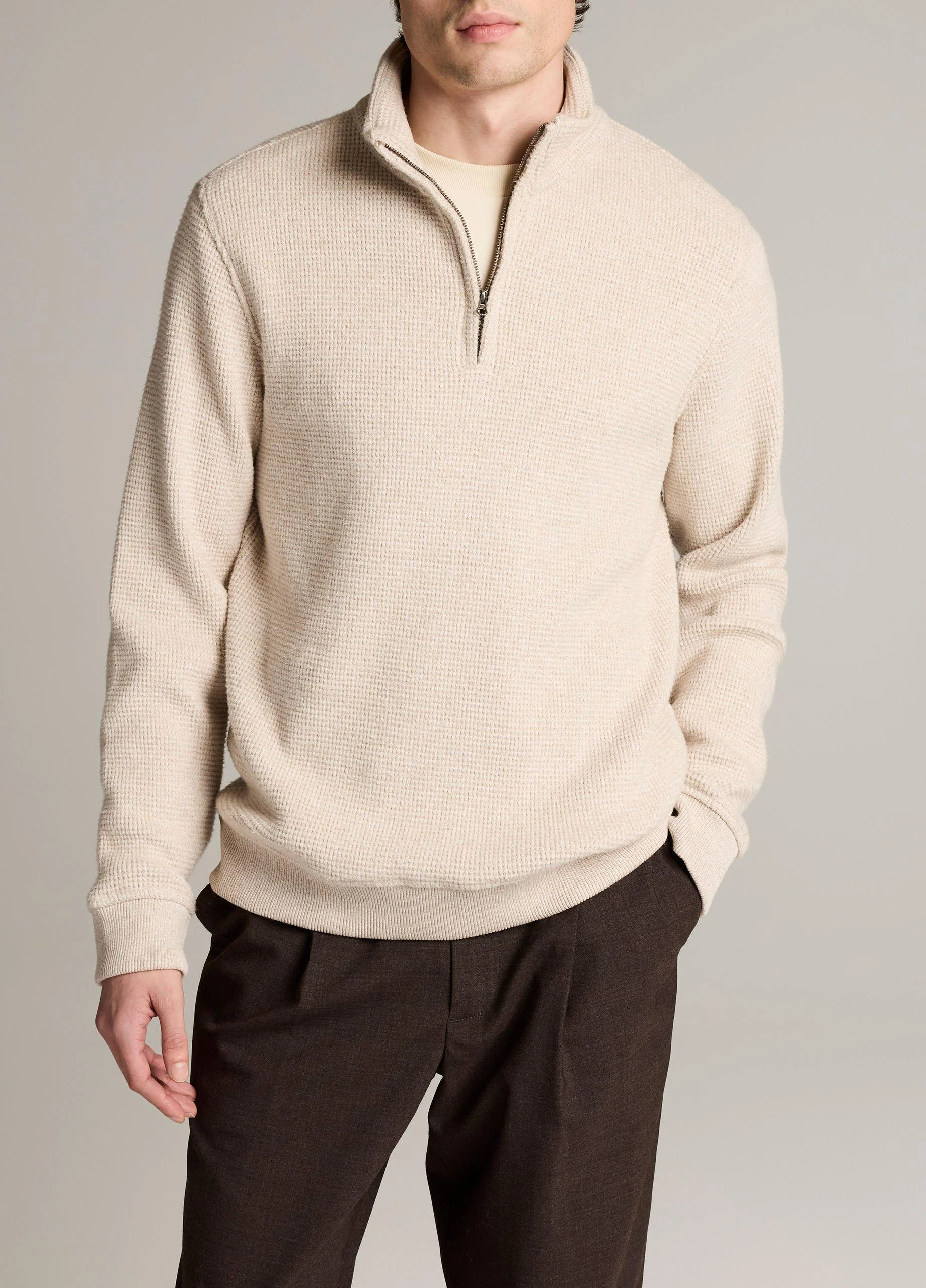 Brushed Cotton-Blend Waffle Quarter-Zip Pullover - 1