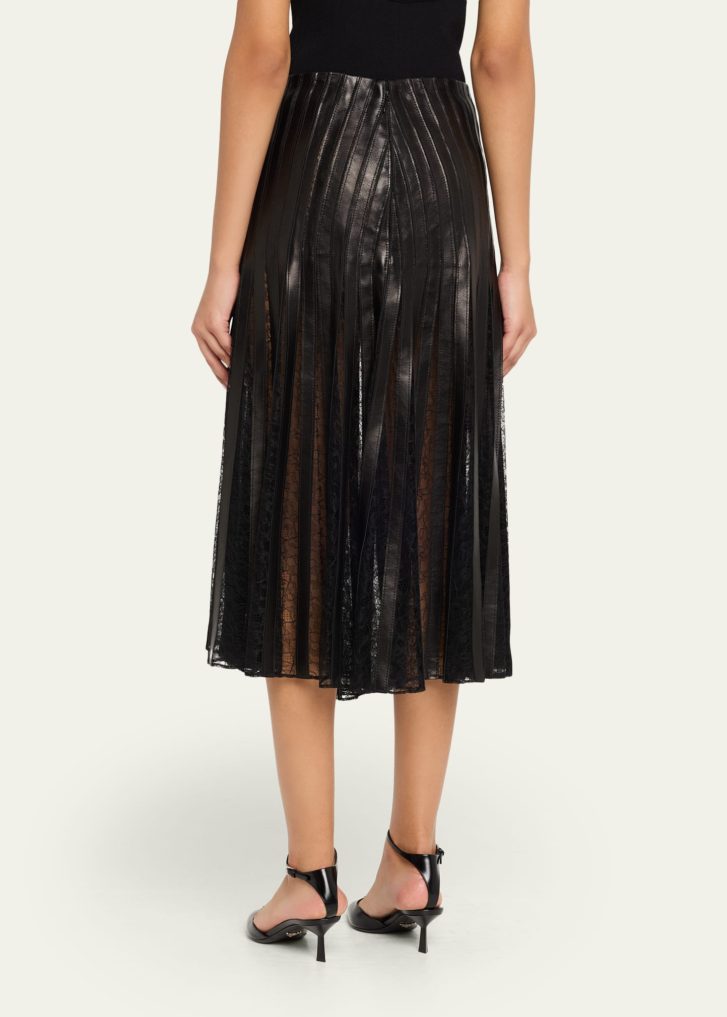 Alix Lace-Inset Pleated Leather Midi Skirt - 3