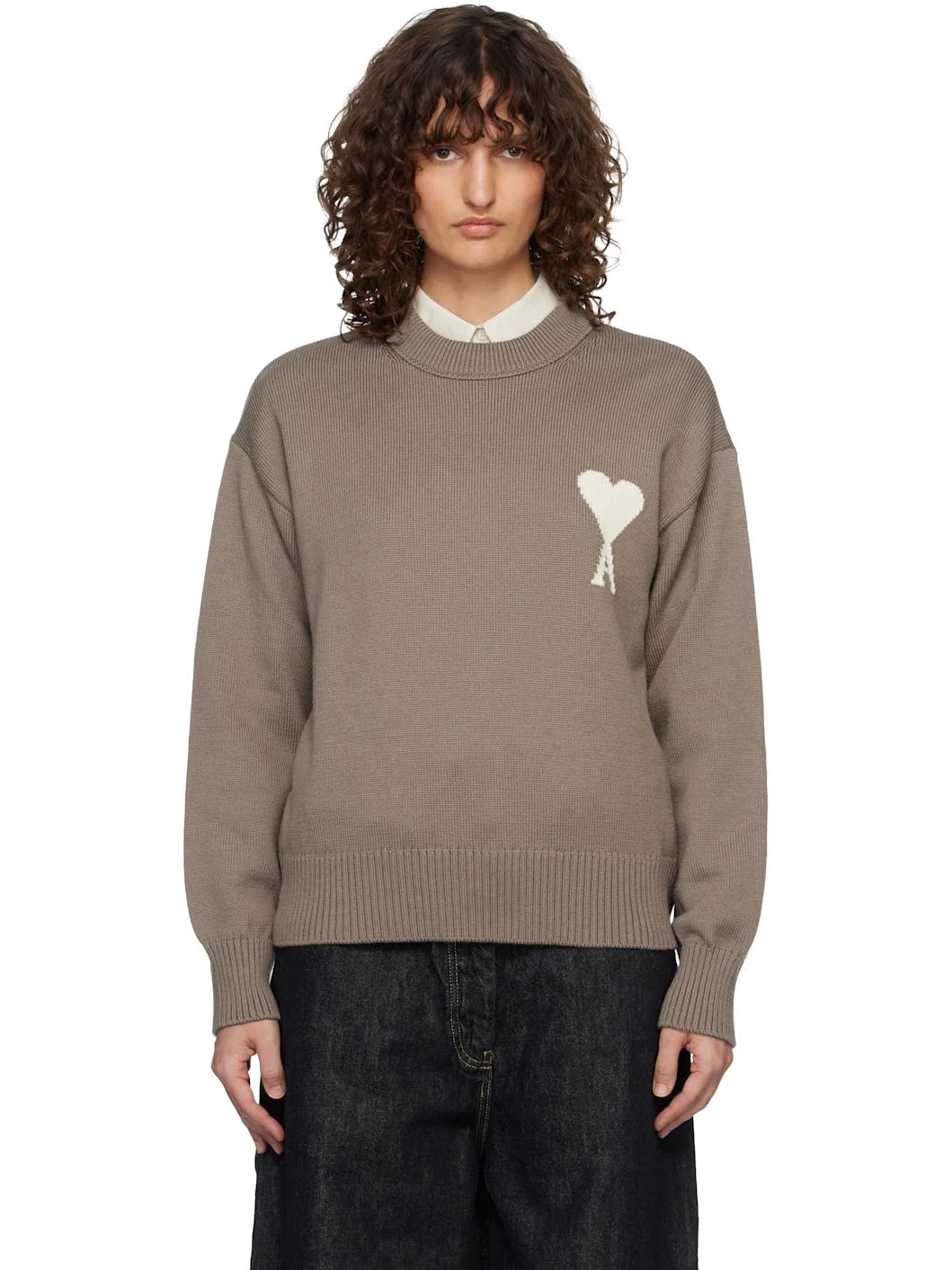 Taupe Wool & Cotton Crewneck Ami de Coeur Sweater - 1