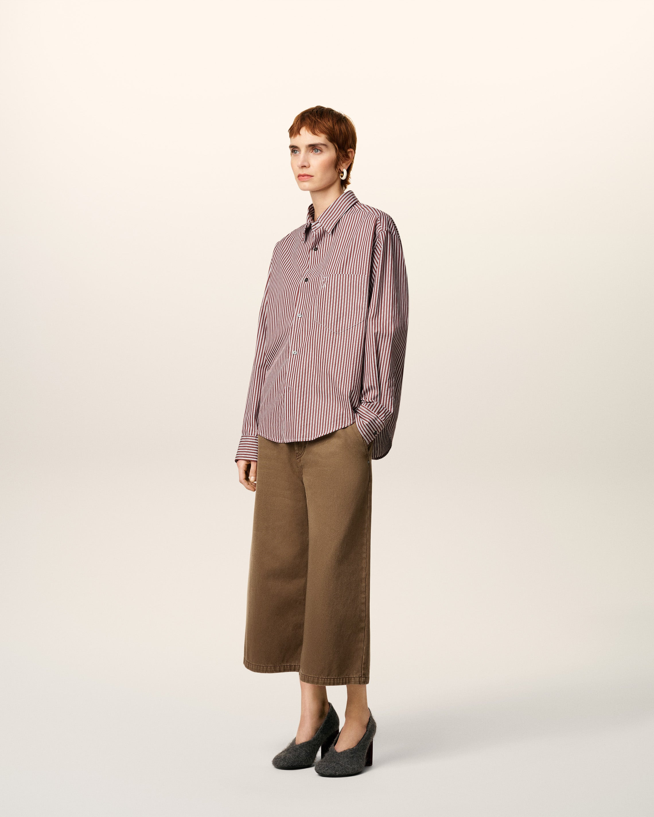 BURGUNDY COTTON EMBOSSED AMI DE COEUR STRIPED BOXY SHIRT - 6