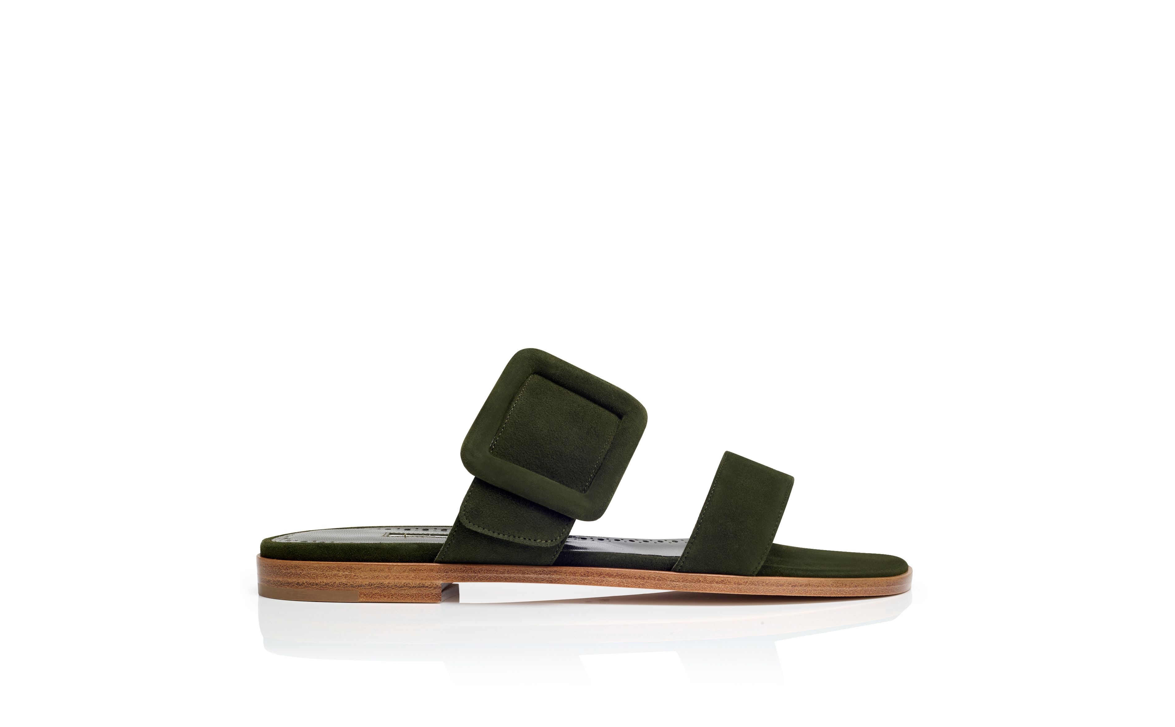 Dark Green Suede Flat Sandals - 1