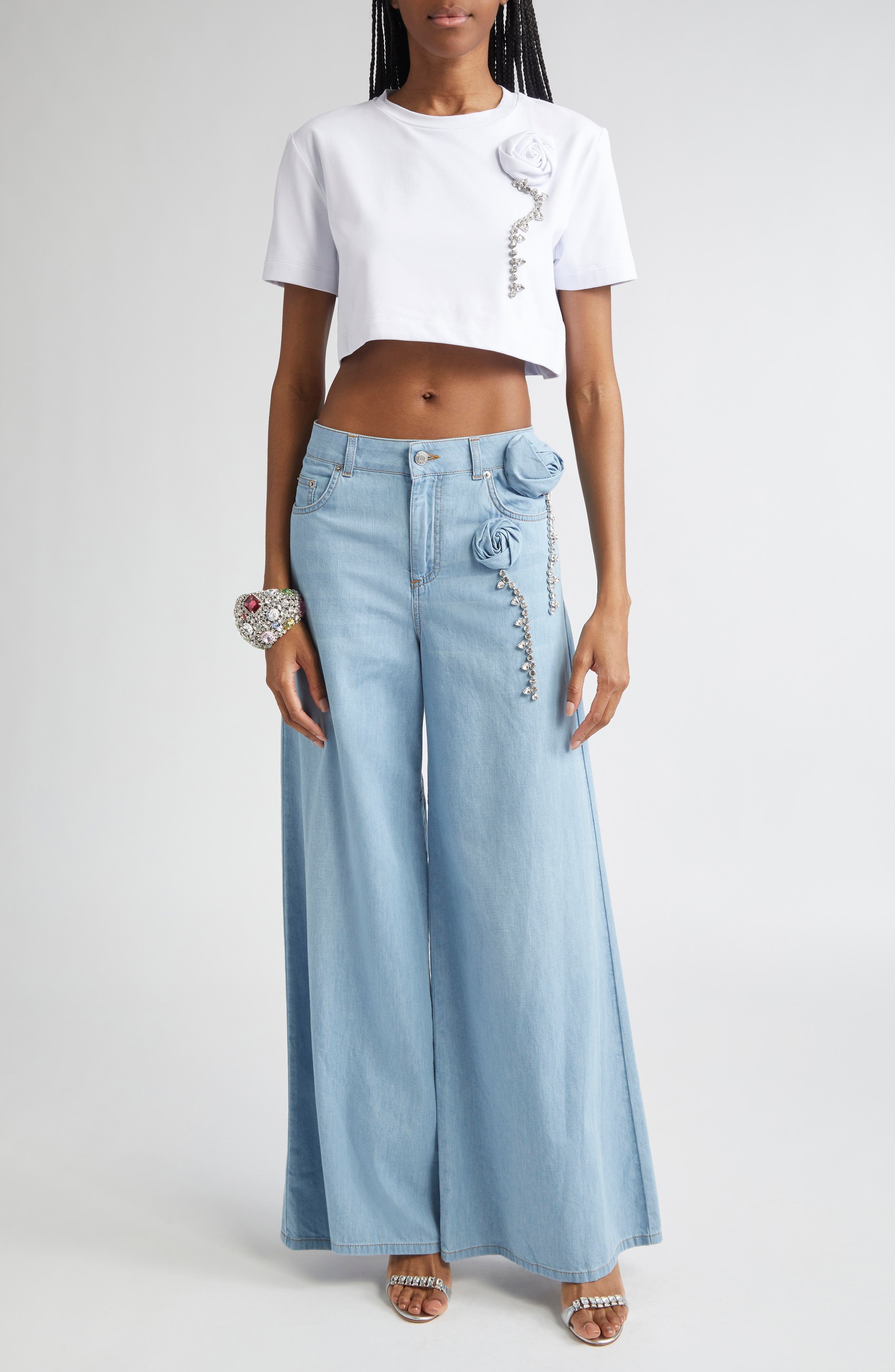Area Crystal Rosette Crop T-Shirt in White at Nordstrom - 2
