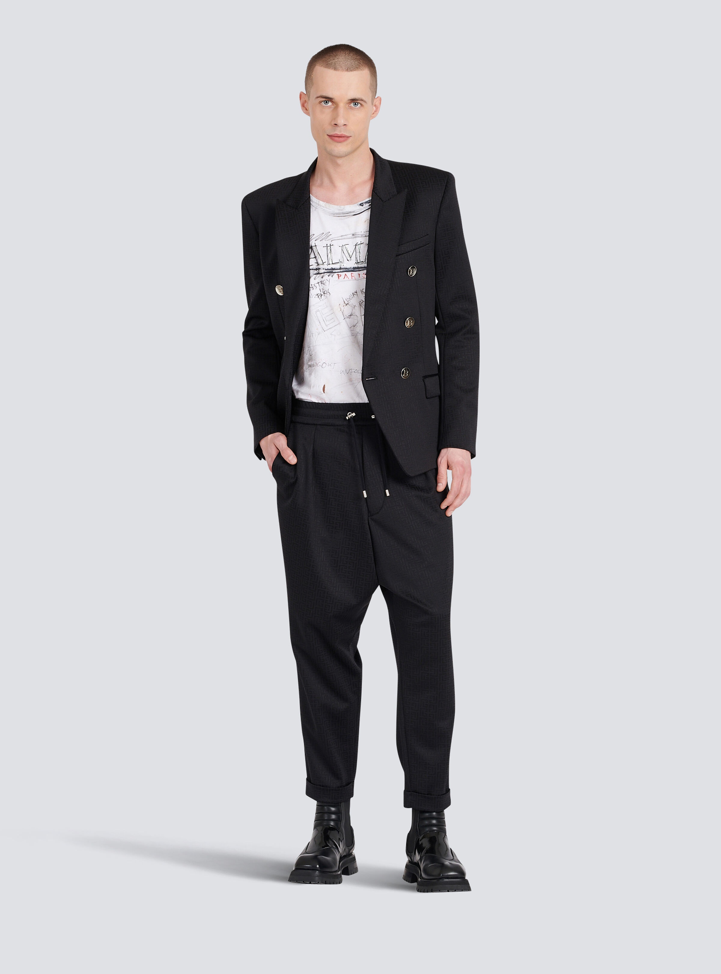 Jersey double-breasted blazer with Balmain monogram print - 3