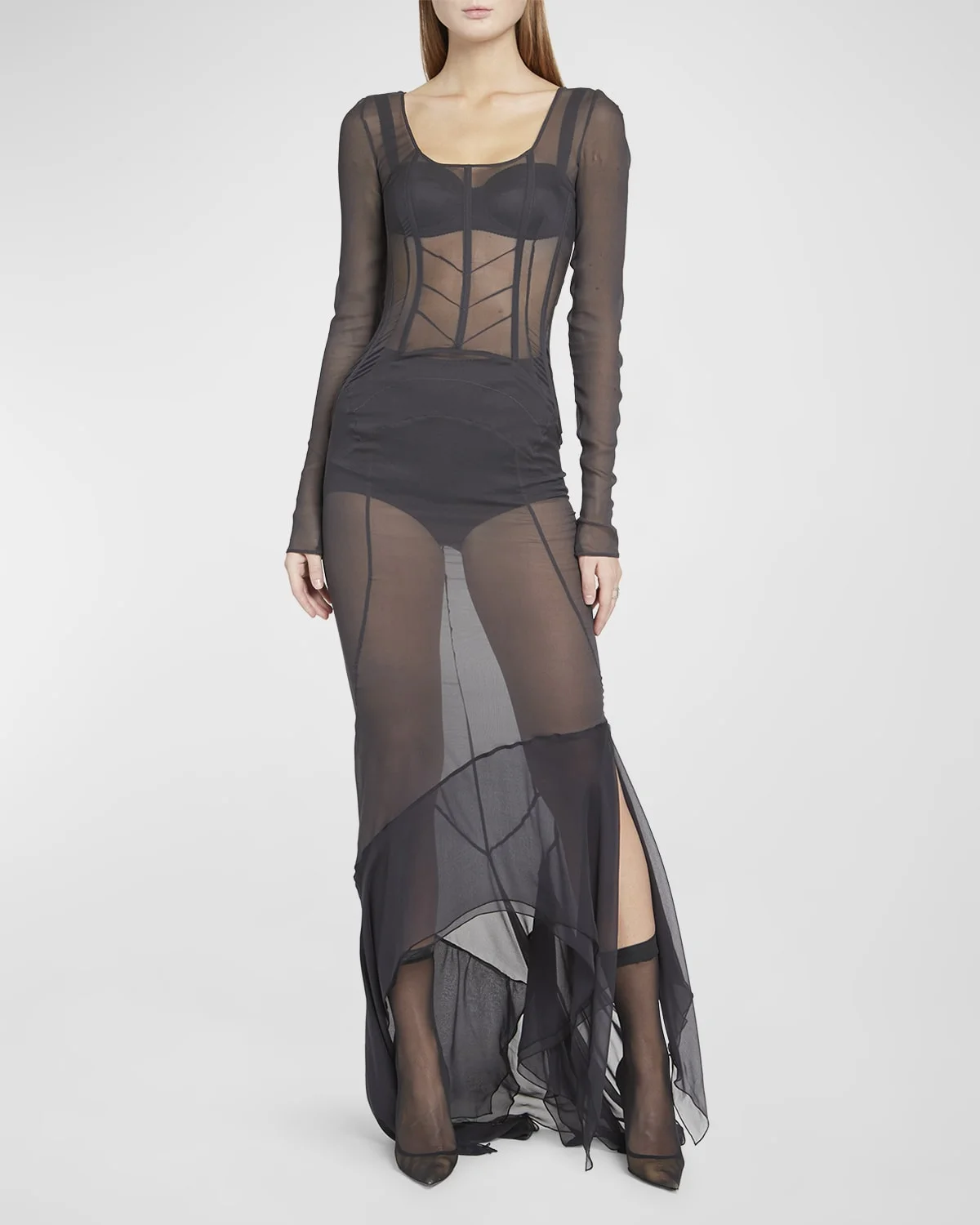 Long-Sleeve Sheer Corset Maxi Dress - 1