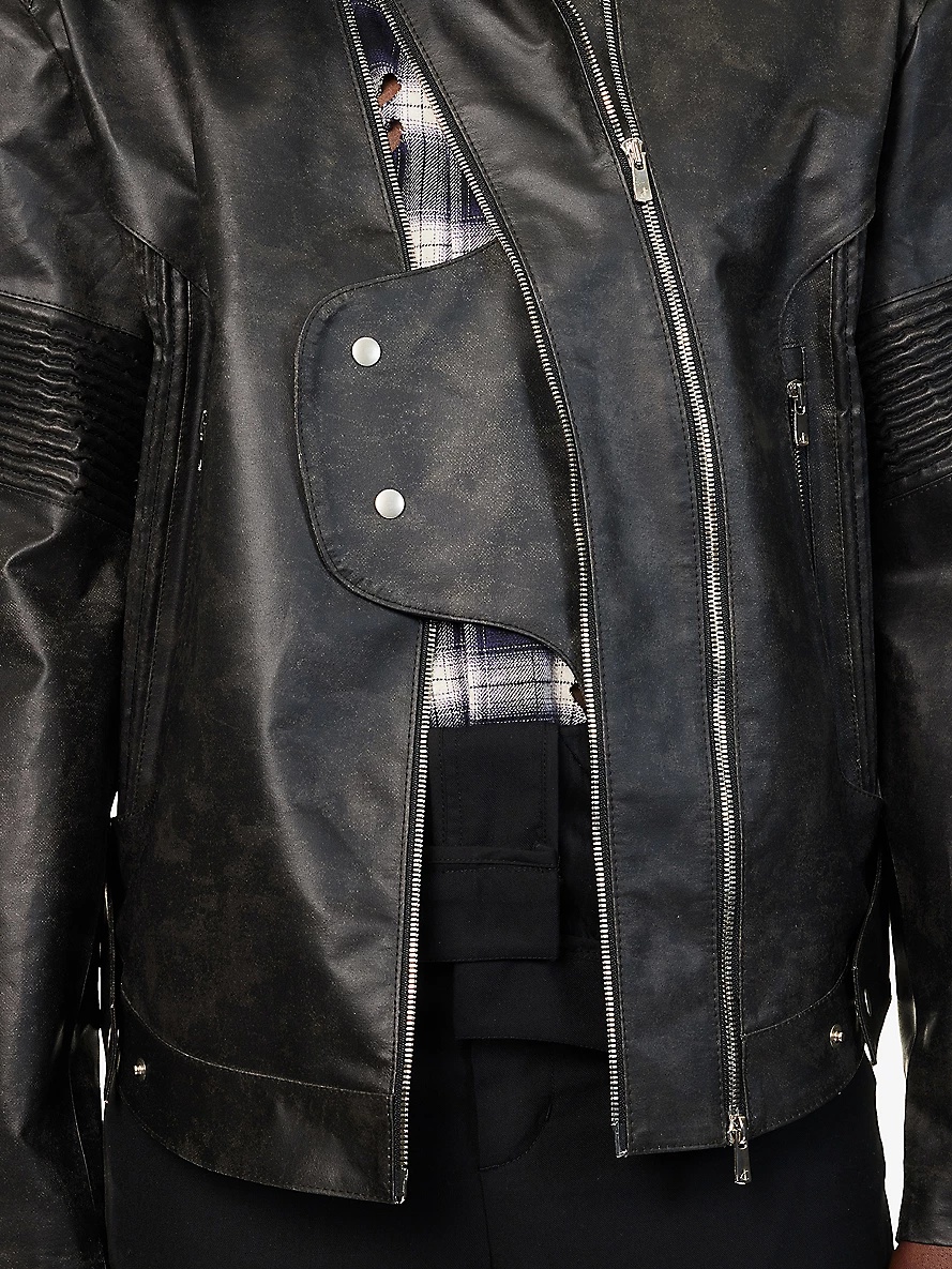 Asymmetrical-Neck Zip-Up Leather Jacket - 7