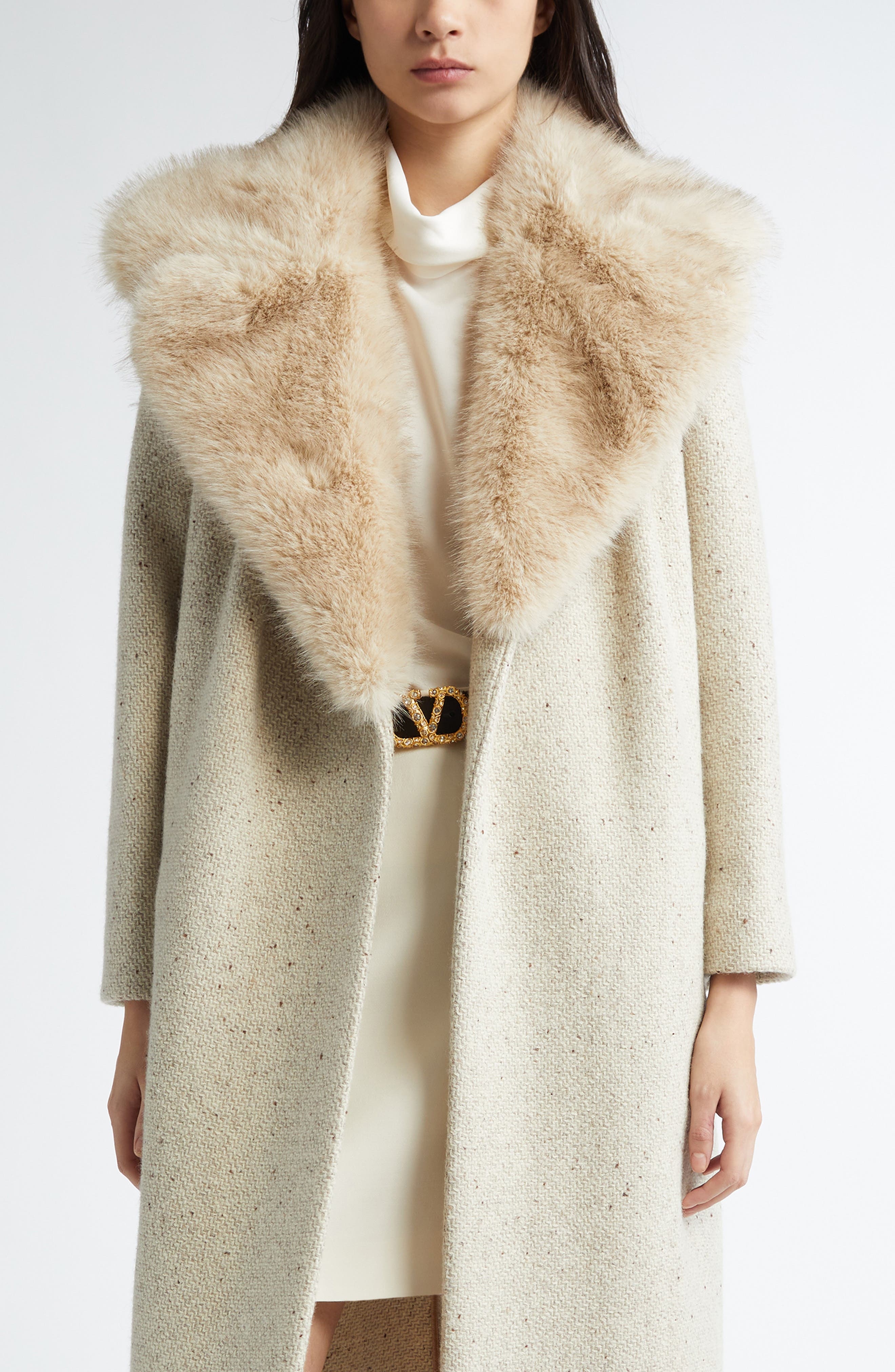 Valentino Garavani Virgin Wool Belted Coat with Faux Fur Collar in Cream Multi at Nordstrom - 2