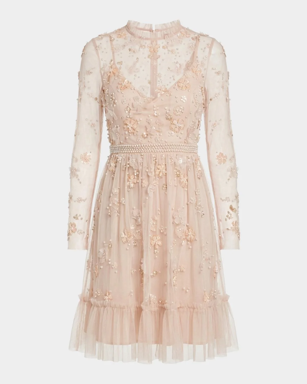 Floral Beaded Tulle Mini Dress - 1