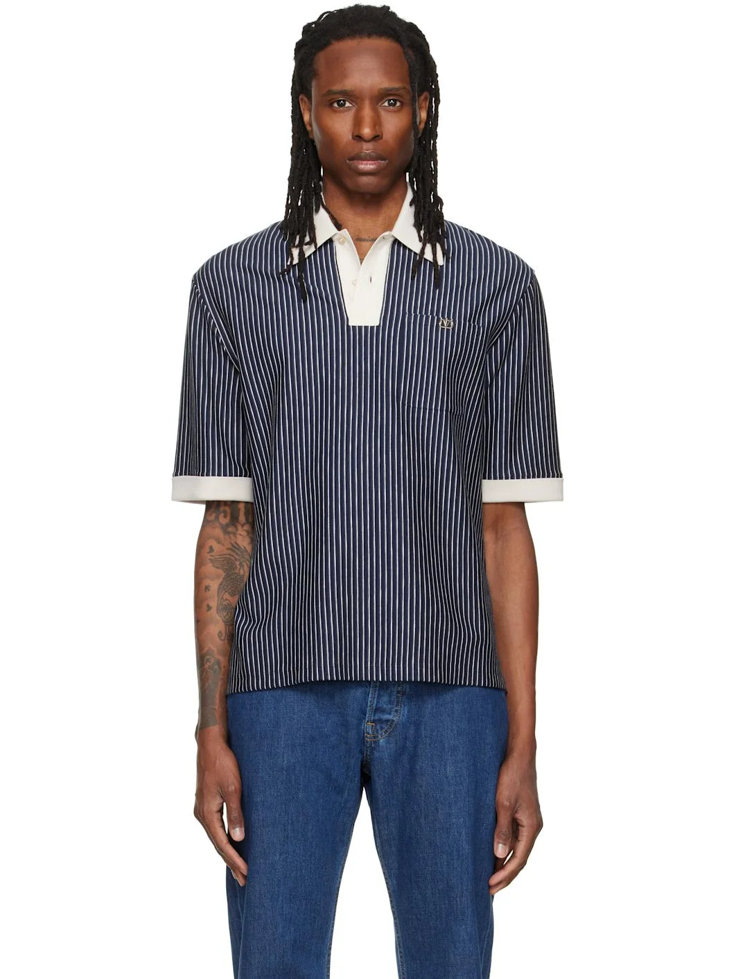 Navy Striped VLogo Embroidery Polo - 1